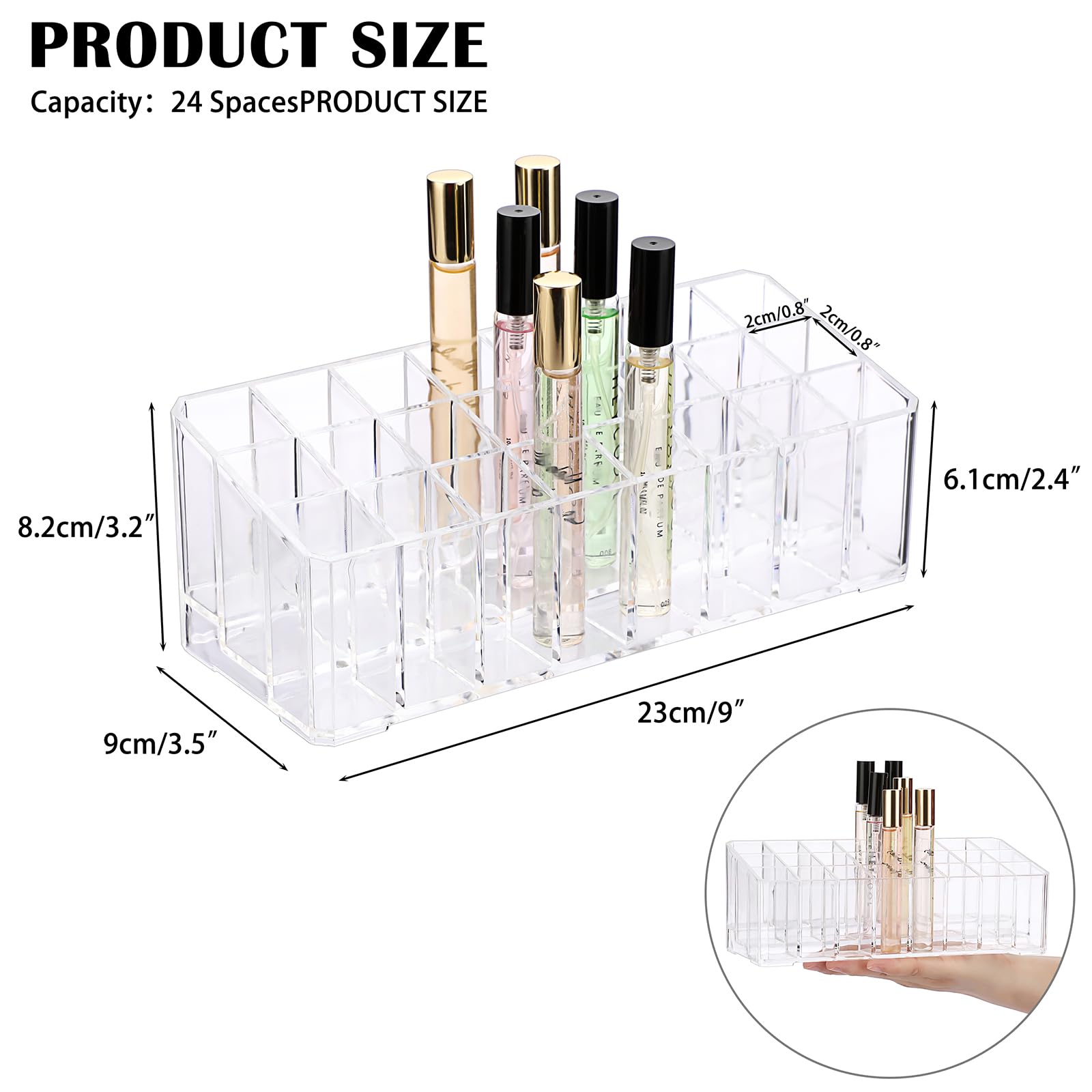 Elldoo Rollerball Perfume Organizer, 24 Spaces Clear Acrylic Perfume Storage Holder Beauty Scent Holder, Makeup Lipgloss Lipstic