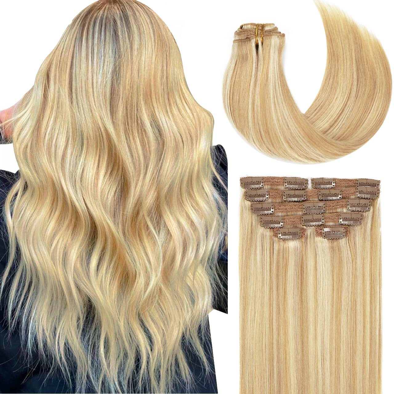 Lacer Clip In Human Hair Extensions Light Golden Brown Mixed Platinum Blonde Lace Double Weft Natural Hair Extension Clip in 100
