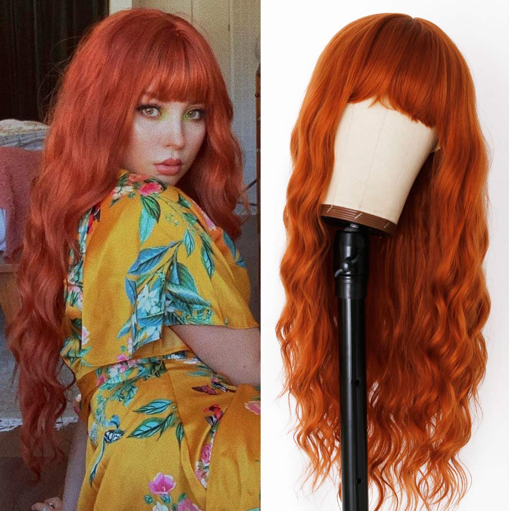 EVLYNN Ginger Wig with Bangs Orange Long Wavy Wigs for Women Ginger Curly Heat Resistant Synthetic 26 Inches Loose Wave Red Oran