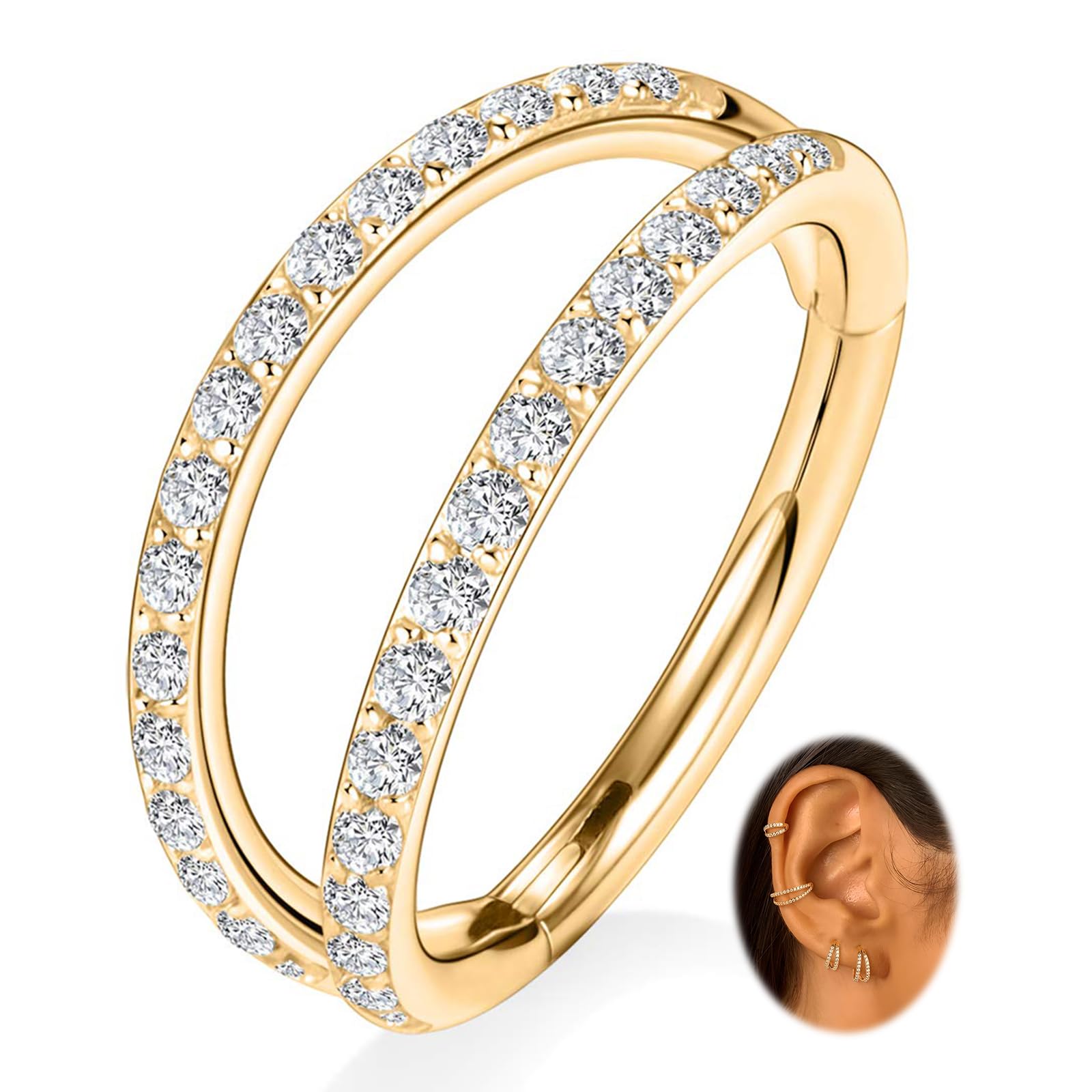 PEAKLINK Conch Hoop Earring with CZ Gold Double Nose Ring 12mm Septum Jewelry 316L Surgical Steel Helix Cartilage Tragus Rook Da
