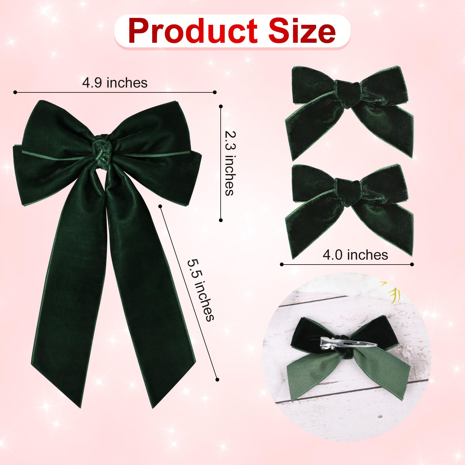 3 Pcs Velvet Bows Hair Clip Ribbon Green Accessories Ponytail Holder Hair Bow For Women Girls Toddlers Teens Kids