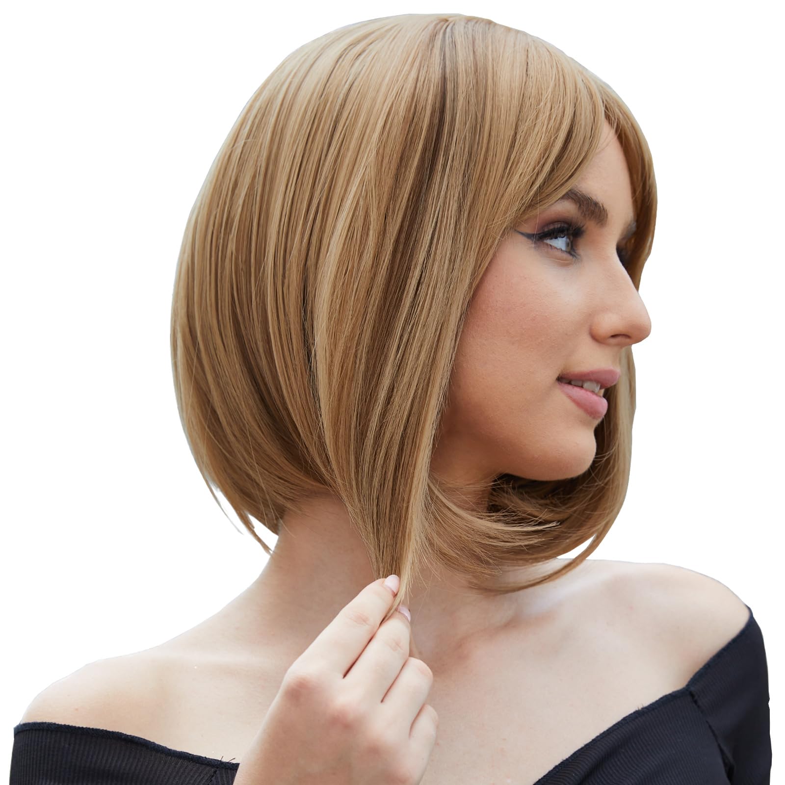 Onpep Bob Wig with Bangs Brown Highlight Short Straight Natural Looking Wigs for Women Shoulder Length Heat Resistant Synthetic 