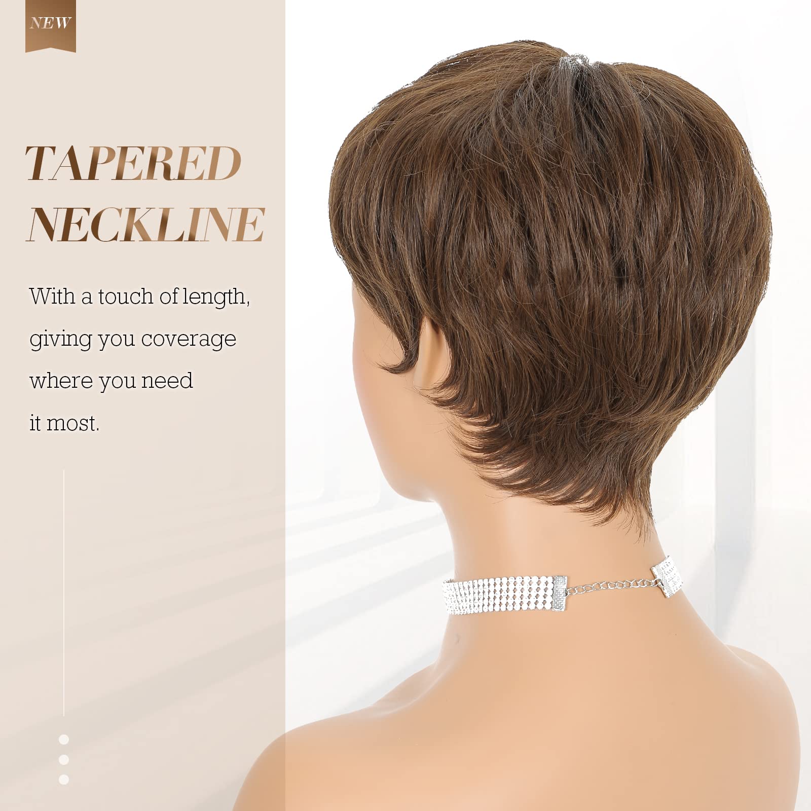 Feshfen Short Pixie Cut Wigs Synthetic Coffee Brown Pixie Haircut Wig With Bangs Glueless Layered Wavy Wigs For Women