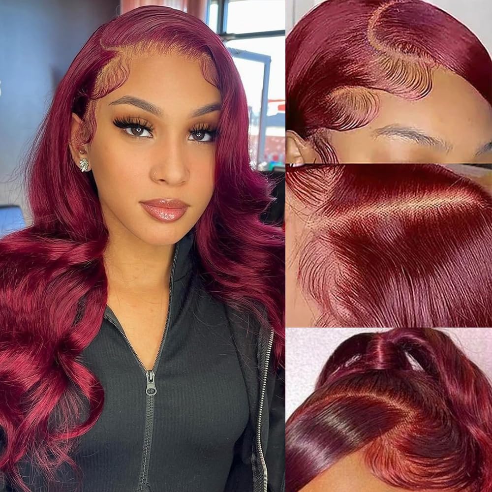 99J Burgundy Lace Front Wigs Human Hair Pre Plucked 13x4 Red Lace Front Wigs Human Hair Colored Body Wave 180% Density HD Lace F