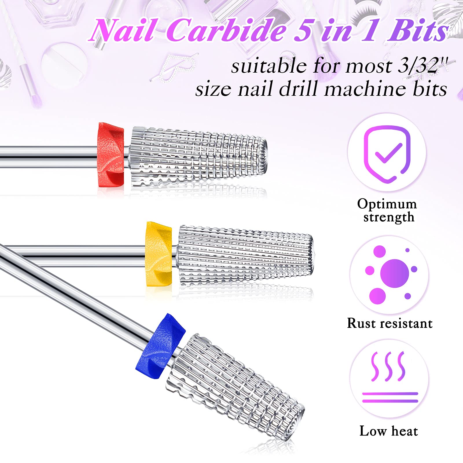 3 Pieces Nail Carbide 5 In 1 Bit Multi-Function Tapered Shaping Nail Drill Carbide Nail Drill Bit Use For Both Left To Right Han
