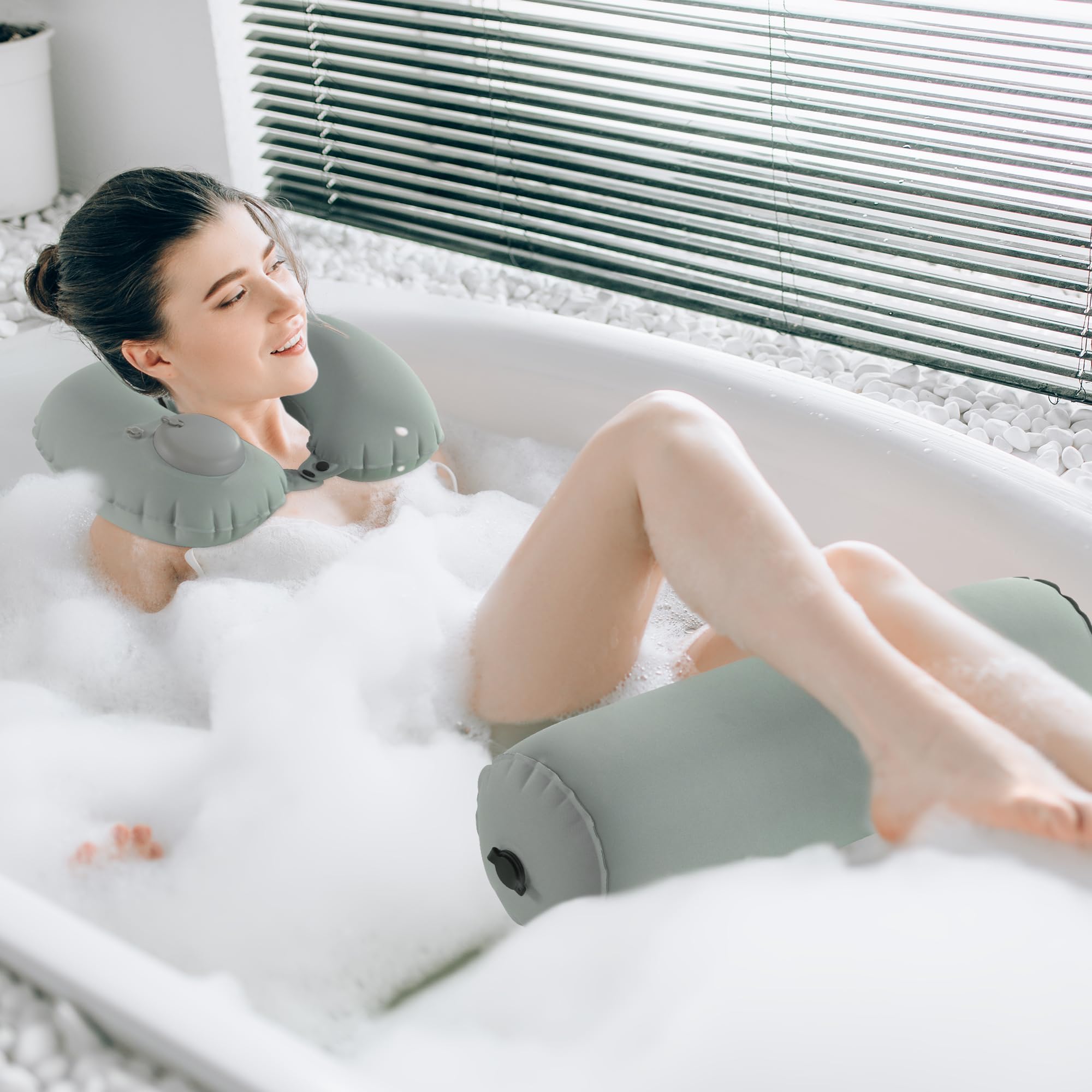 Mabozoo U-Shaped Full Body Bath Pillow For Tub 2 Pcs Inflatable Bathtub Bath Pillows With Adjustable Button For Shower, Neck Sup