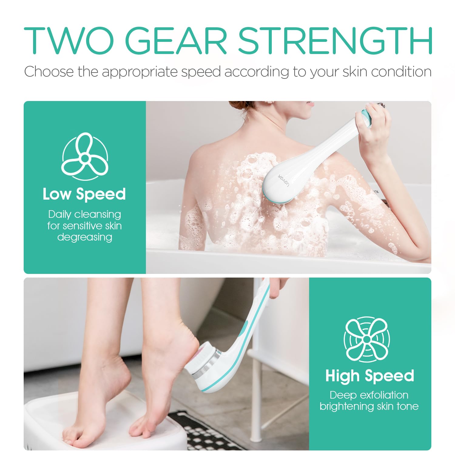 Voyor Electric Body Brush Back Scrubber For Shower Rechargeable Exfoliating Bath Brush Powered Shower Brush With Non-Slip Long H