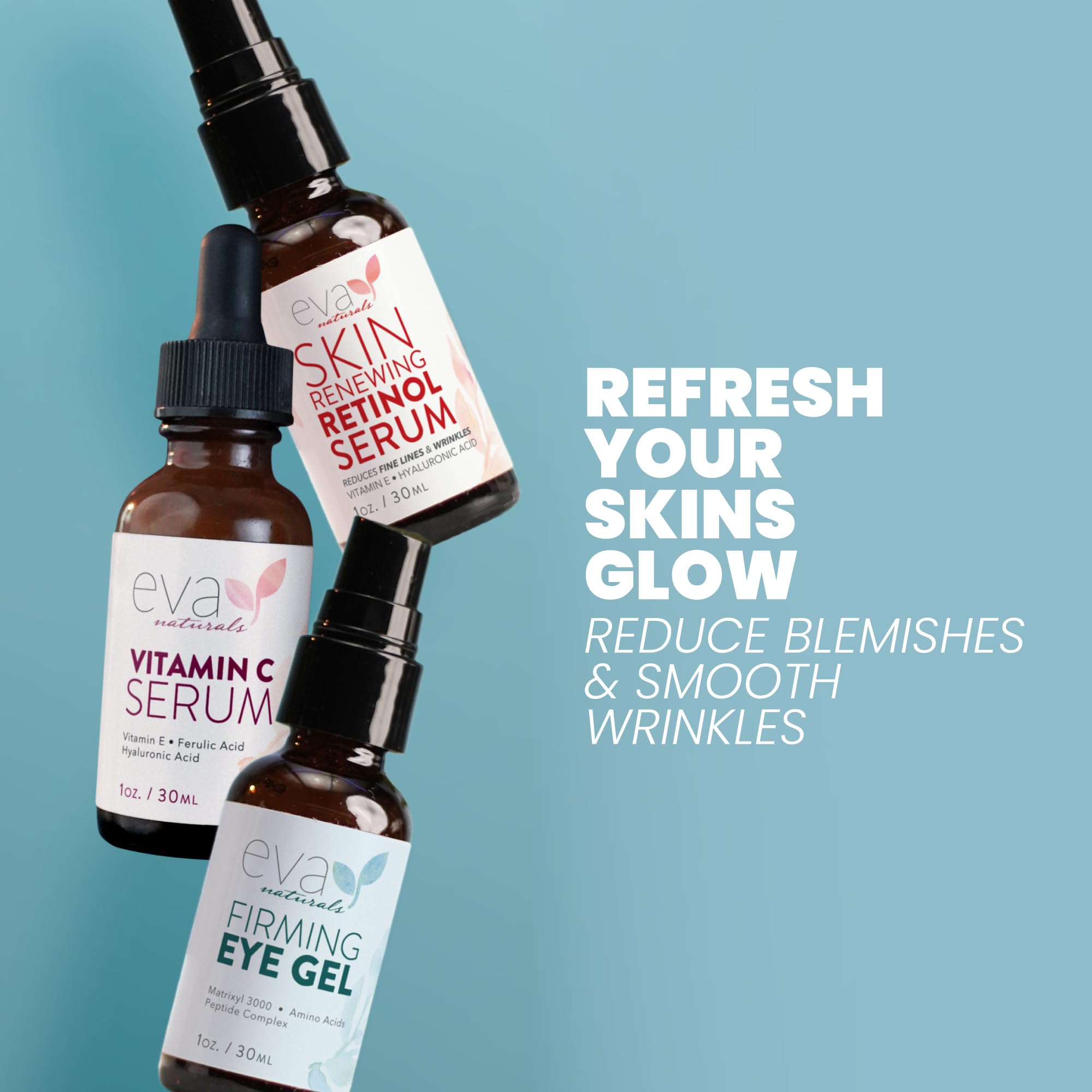 Eva Naturals Facelift In A Bottle - 3-In-1 Anti-Aging Set With Retinol Serum, Vitamin C Serum And Eye Gel - Formulated To Reduce