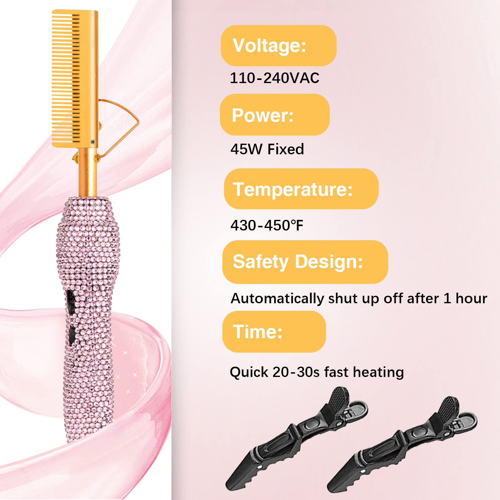 Diamond Electric Adjustable Temperature Hair Straightener Brush Set For Wigs And Natural Black Hair (Gold)