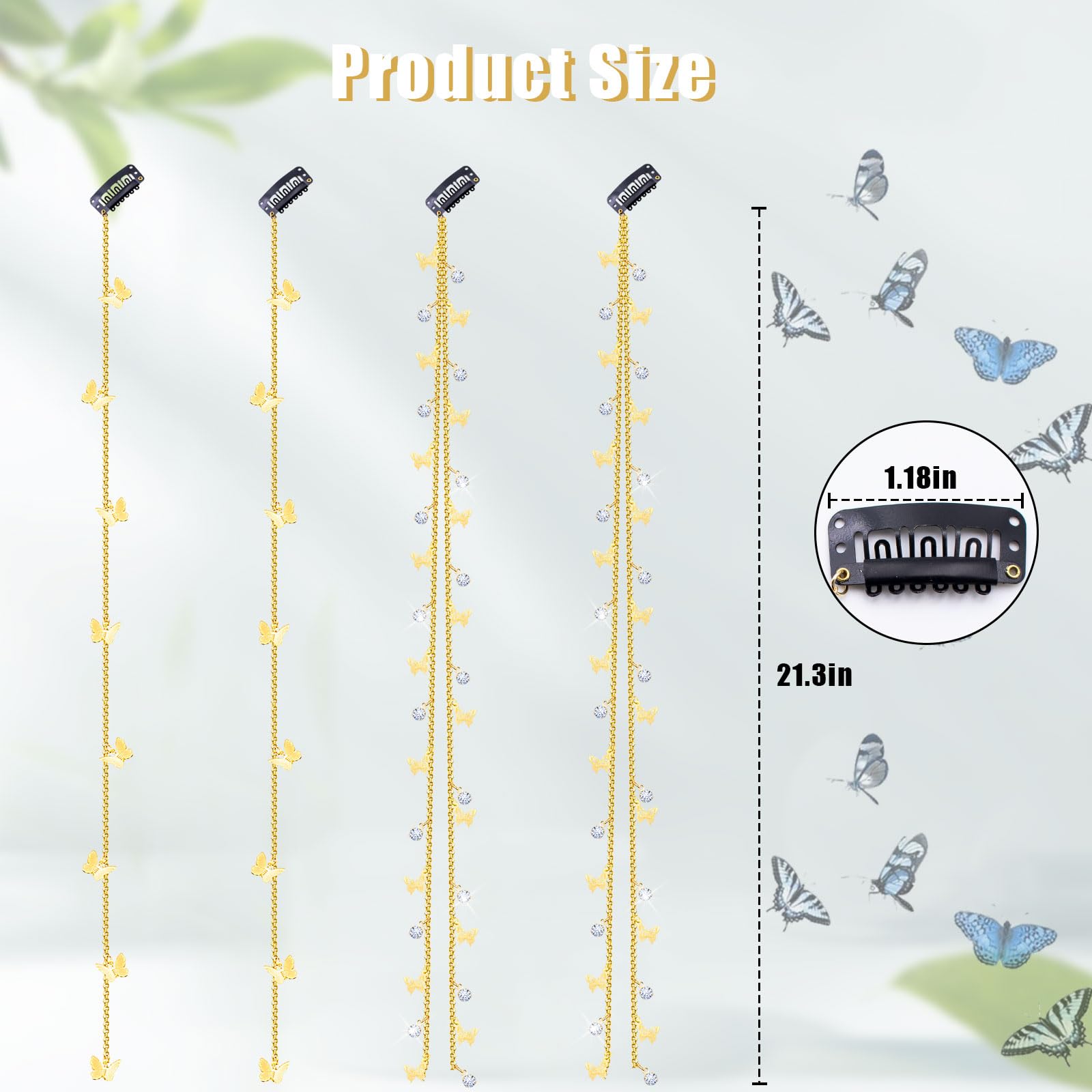 Dexspoeny 4Pcs Butterflies Hair Braided Chain, Rhinestones Hair Jewelry, Butterflies Hair Clips, Tassel Hair Accessories For Gir