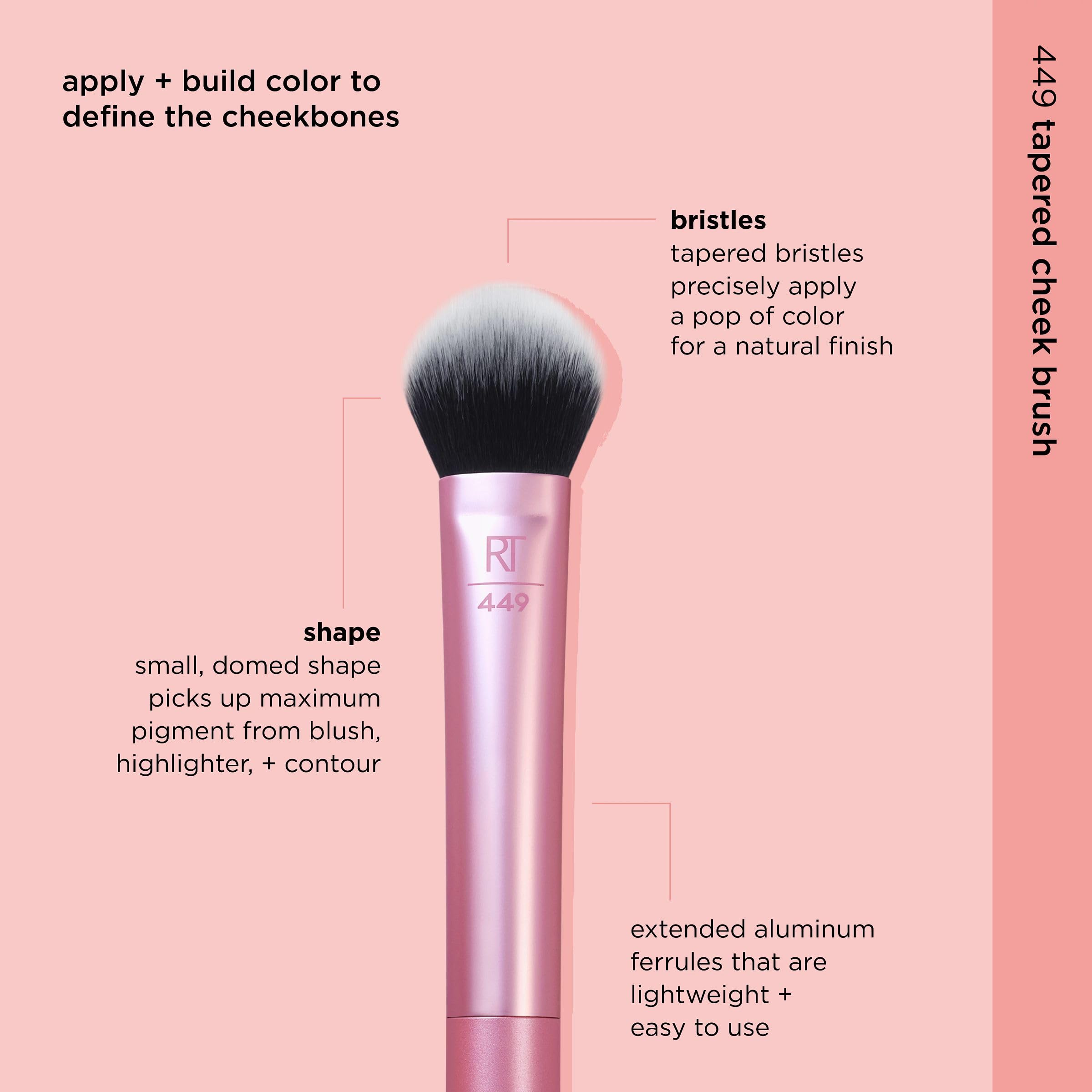 Real Techniques Tapered Cheek Makeup Brush, For Blush, Highlighter, Loose, Or Pressed Powder, Soft, Synthetic Bristles, Precise