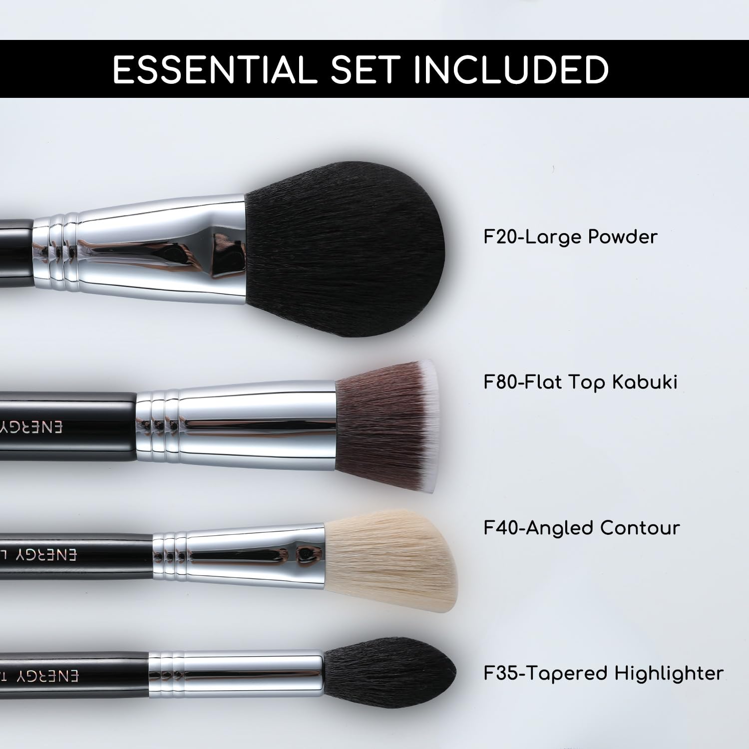 Energy Makeup Brush Set 4Pcs Premium Synthetic Powder Foundation Blush Contour Bronzer Highlighter Makeup Brushes With Black Pu