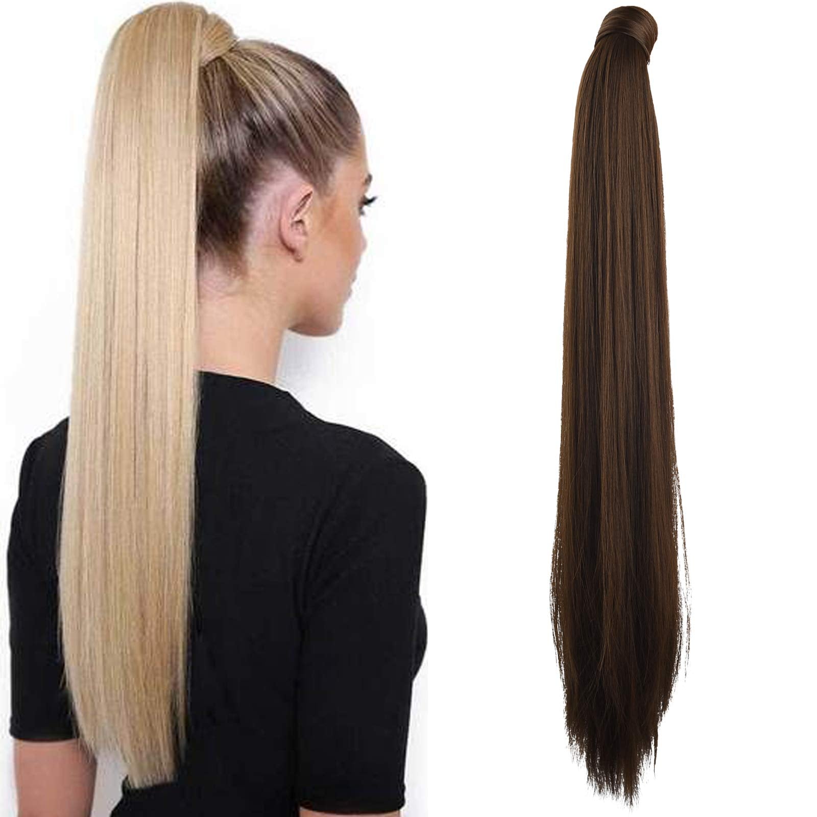 SEIKEA 28 Inch Clip in Ponytail Extension Wrap Around Long Straight Pony Tail Hair Synthetic Hairpiece for Women Dark Brown with