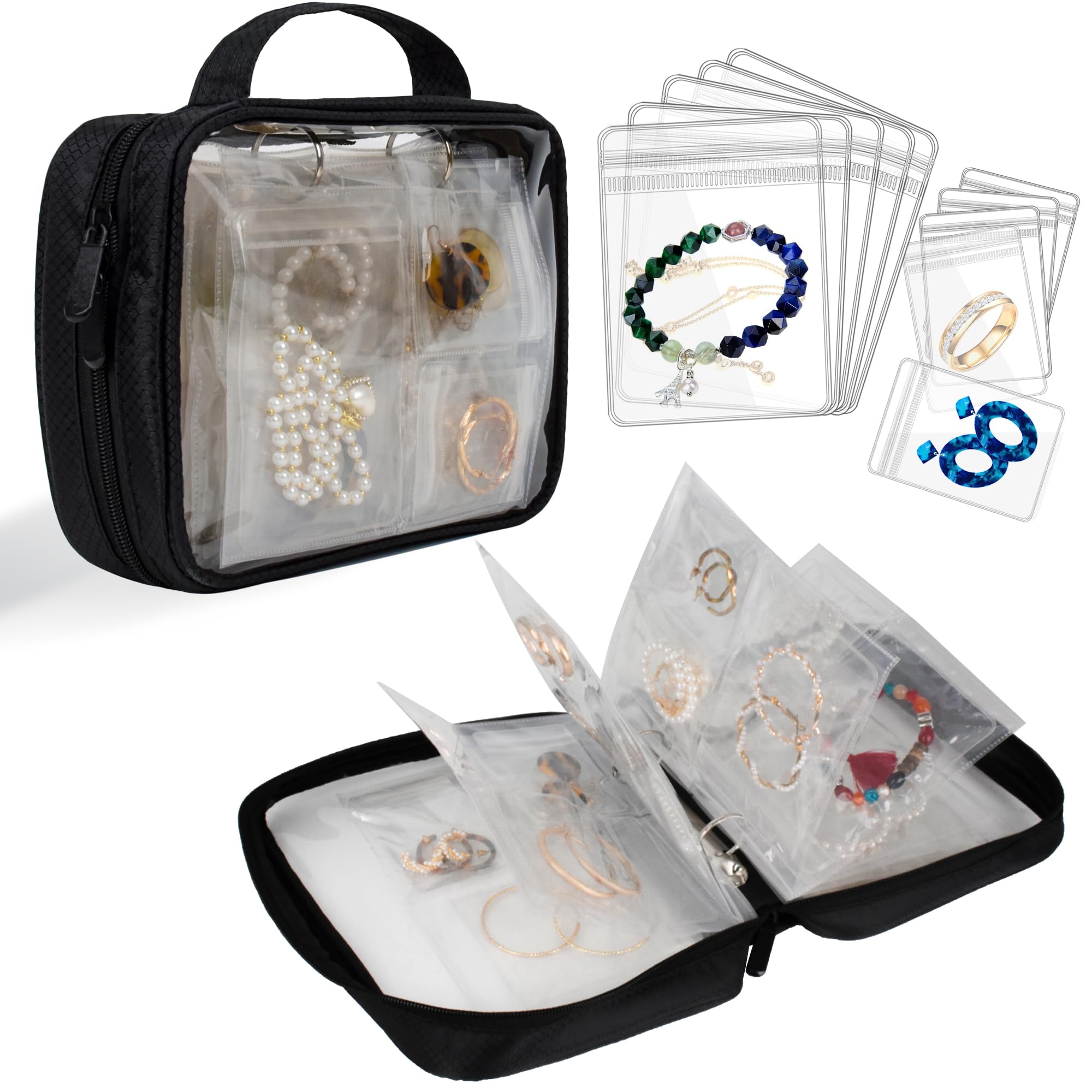 LingLingo Travel Jewelry Organizer Case Transparent Jewelry Storage Book Binder Bag for Earrings, Rings, Necklace, Bracelet,Black
