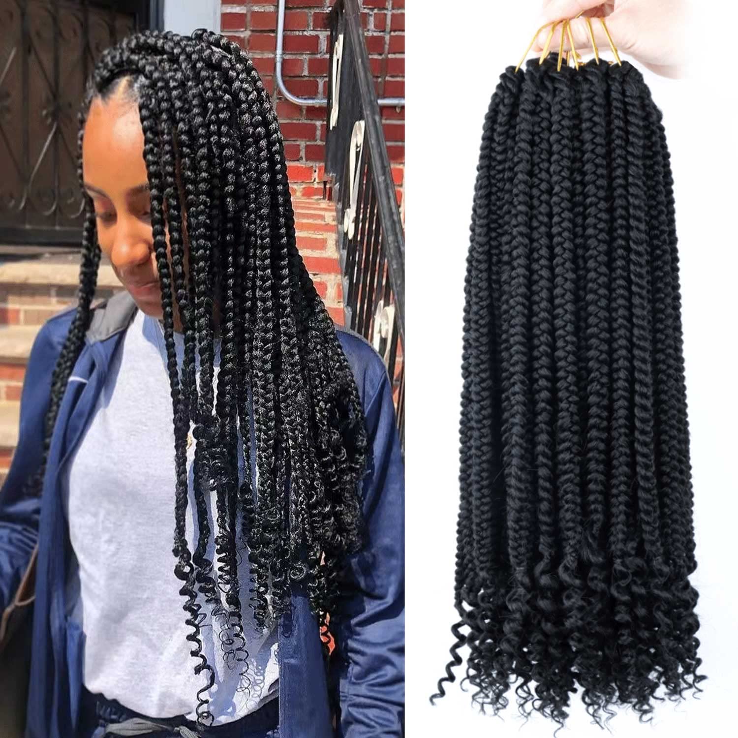 6 Packs Crochet Box Braids Curly Ends 18 Inch Bohemian Box Braids Crochet Hair for Black Women (1B, 18 Inch)