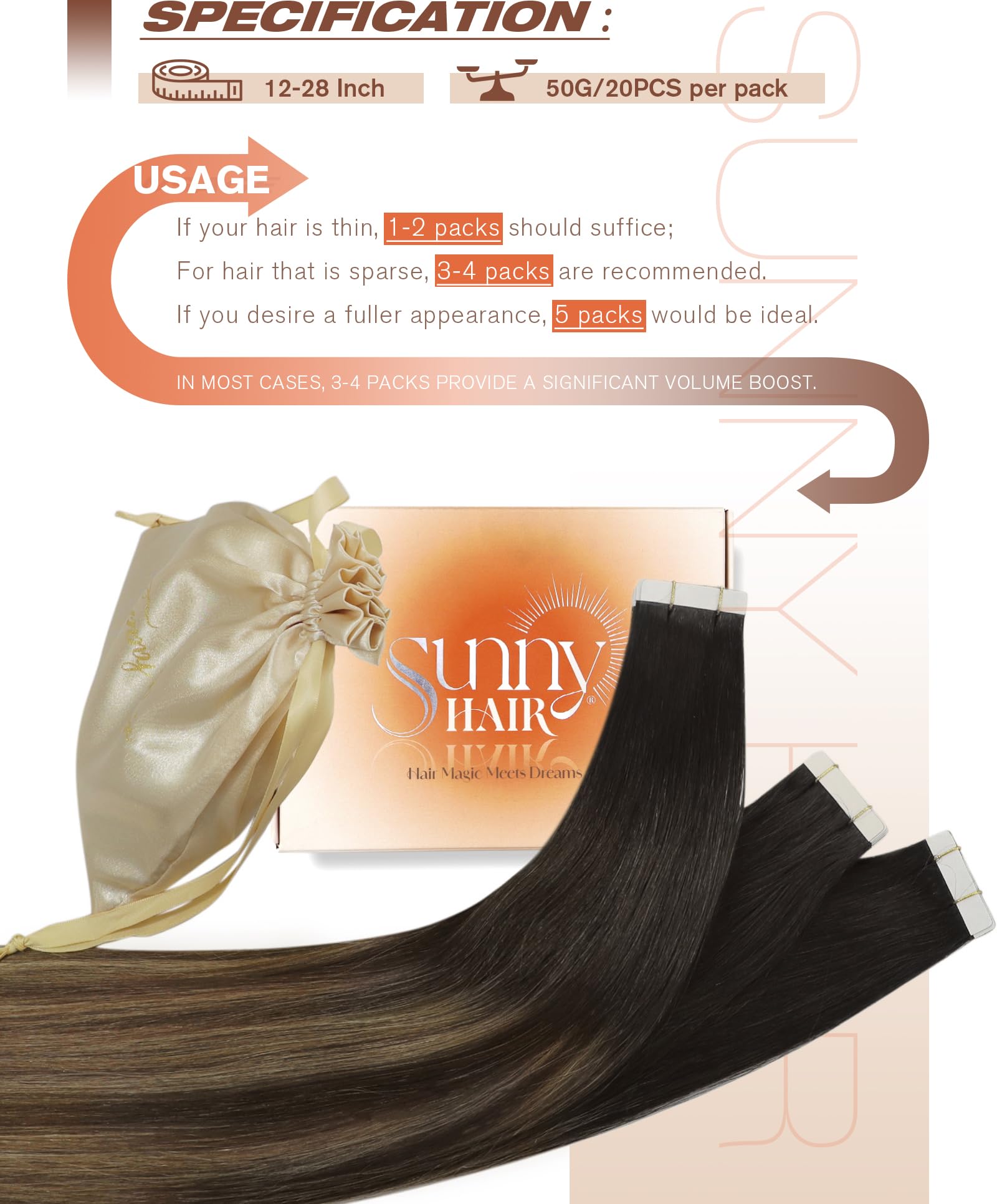 Sunny Hair Tape in Hair Extensions Real Human Hair Invisible Remy Hair Extensions Tape ins for Women Natural Black Ombre Dark Br