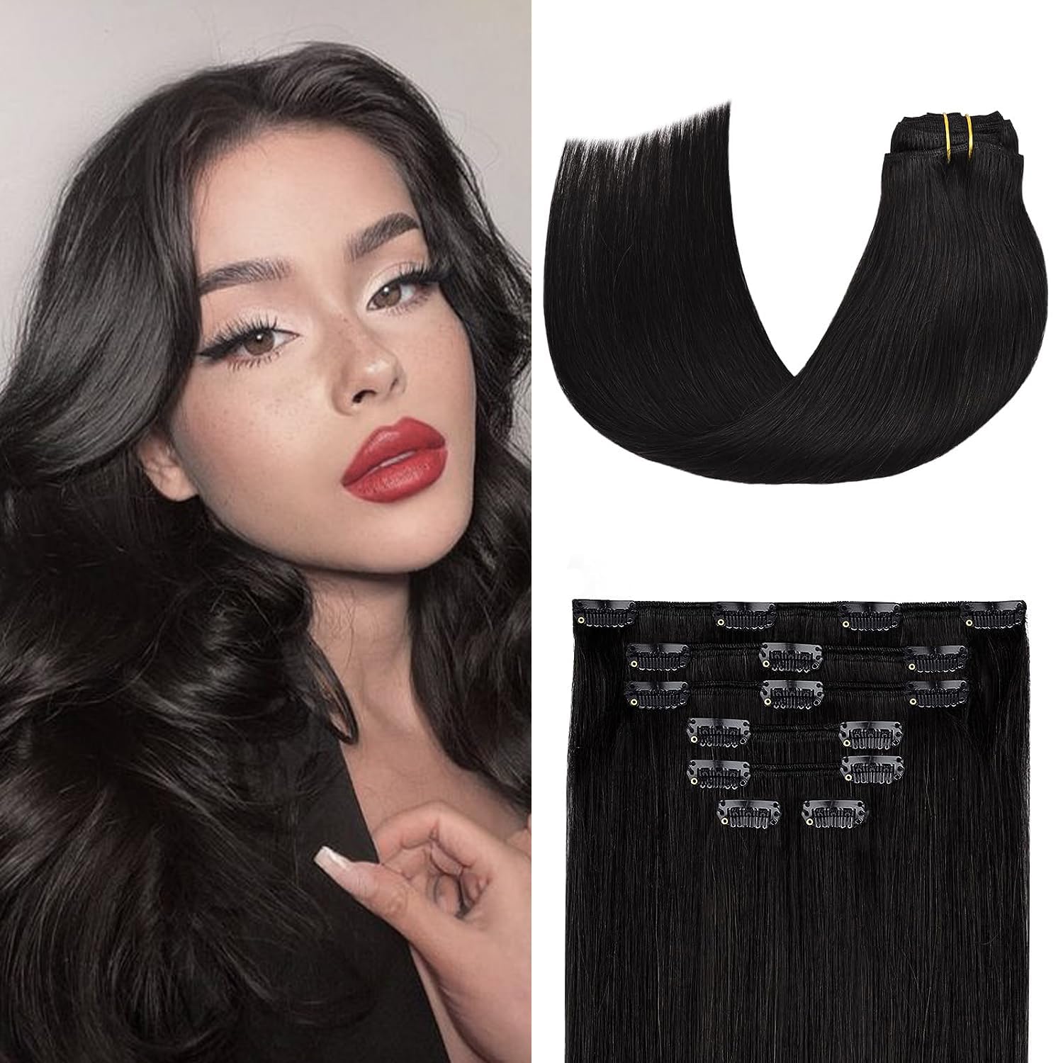 Aison Jet Black Clip in Hair Extensions Real Human Hair 70G 100% Remy Human Hair Clip in Extensions Straight Human Hair Extensio