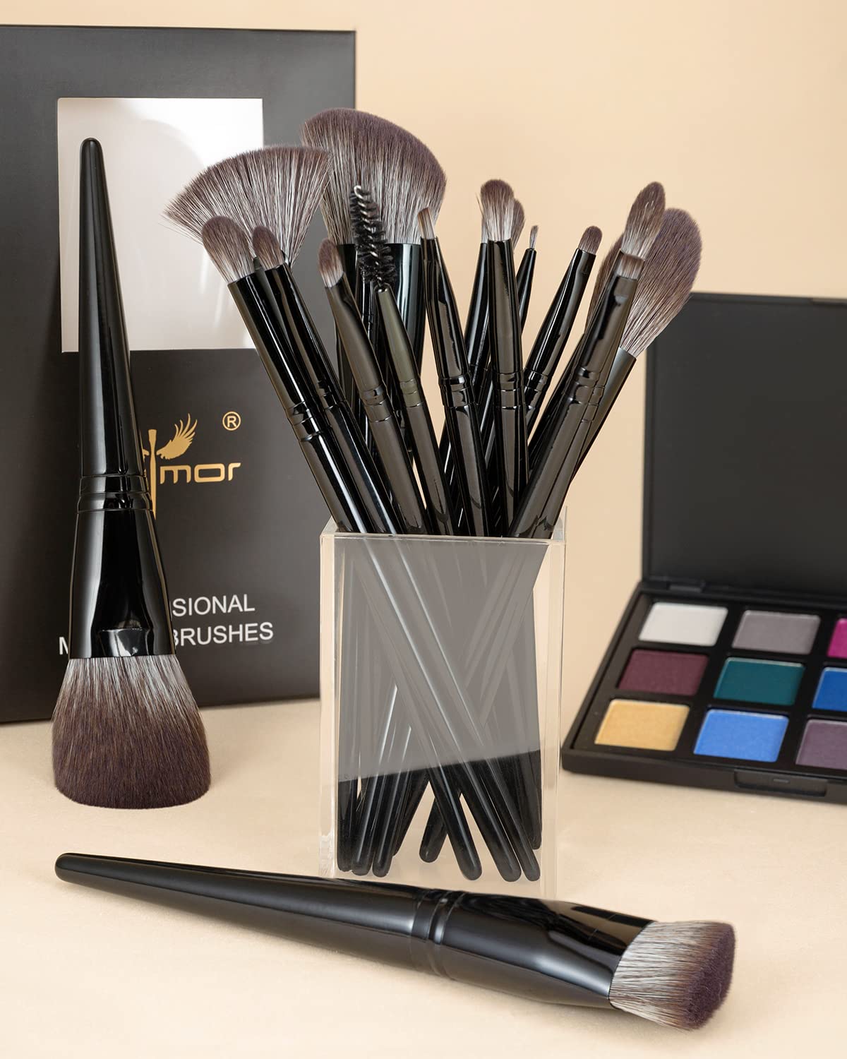 Anmor Luxurious Black Makeup Brush Set, Premium Makeup Brushes For Foundation Kabuki Powder Blush Eyeshadow Blending Crease Make