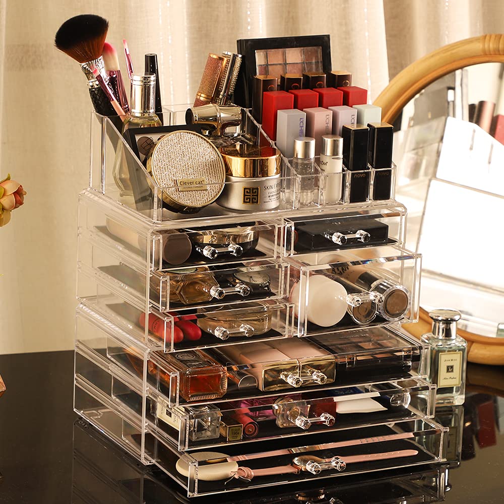 Cq Acrylic 3 Pack Clear Make Up Organizers For Vanity,Stackable 8 Drawers Make Up Organizer,Cute Desk Organizer For Vanity Jewel