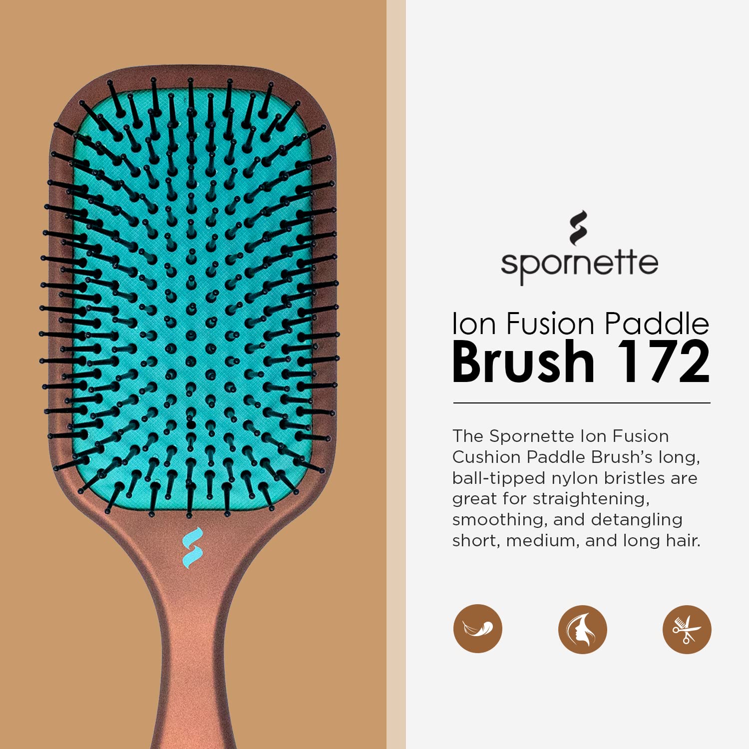 SPORNETTE Ion Fusion Paddle Hair Brush - Ionic Nylon Bristles for Detangling & Smoothing - Medium to Long Hair - Brown - Model 172