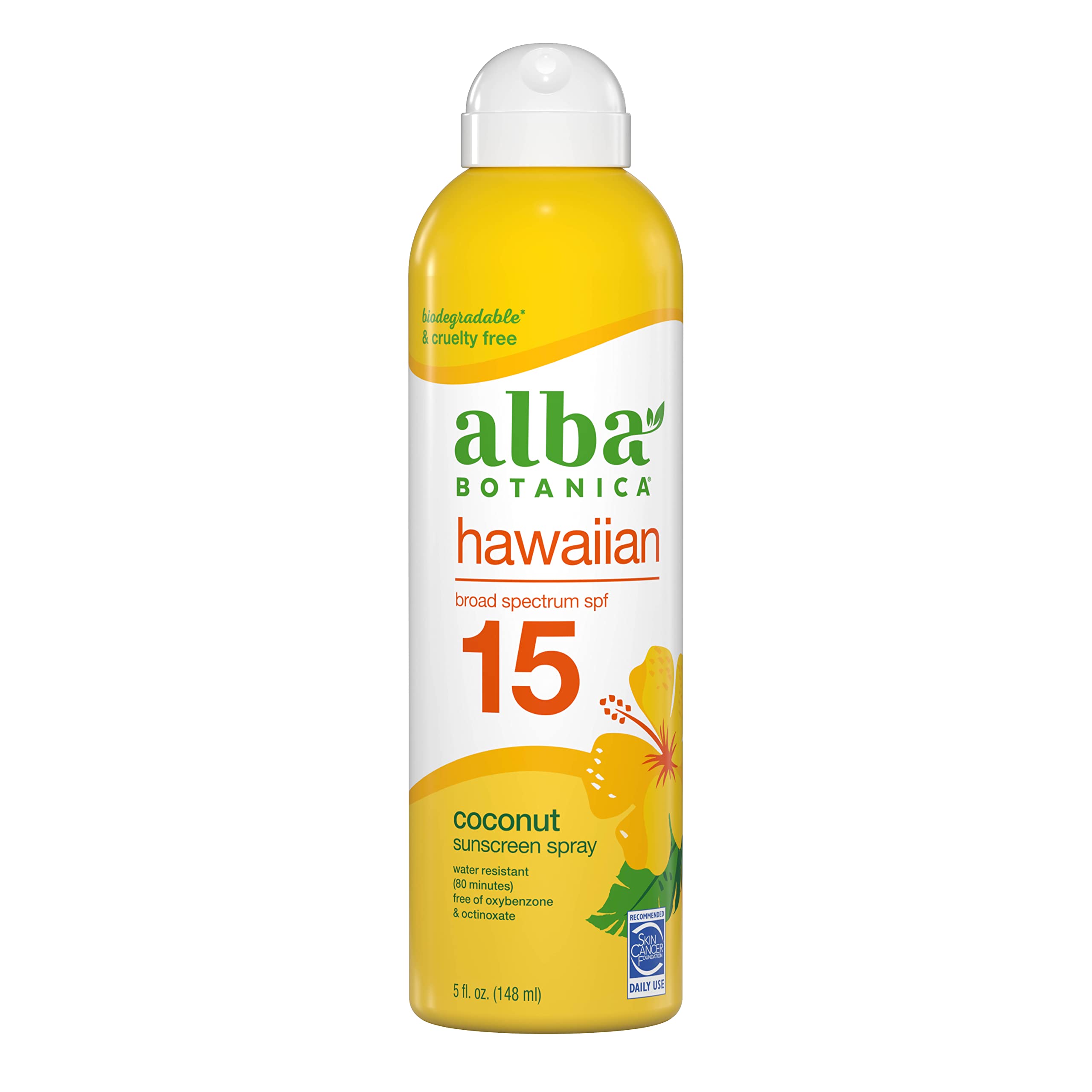 Alba Botanica Sunscreen Spray For Face And Body, Broad Spectrum Spf 15 Sunscreen, Hawaiian Coconut, Water Resistant And Biodegra
