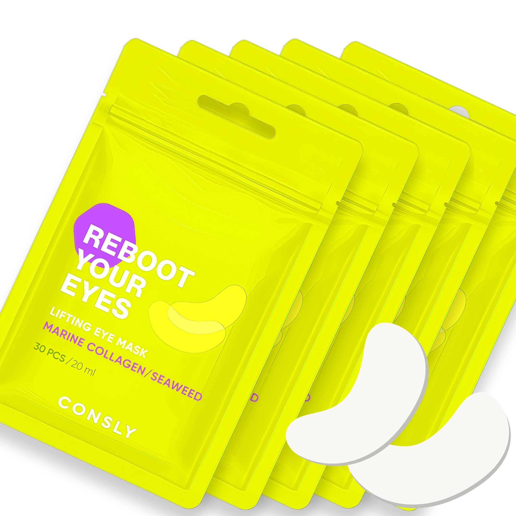 CONSLY 150 Pcs (5 Packs x 30) Marine Collagen & Seaweed Eye Masks  Fabric Under Eye Patches for AntiAging, Puffiness & Hydrati