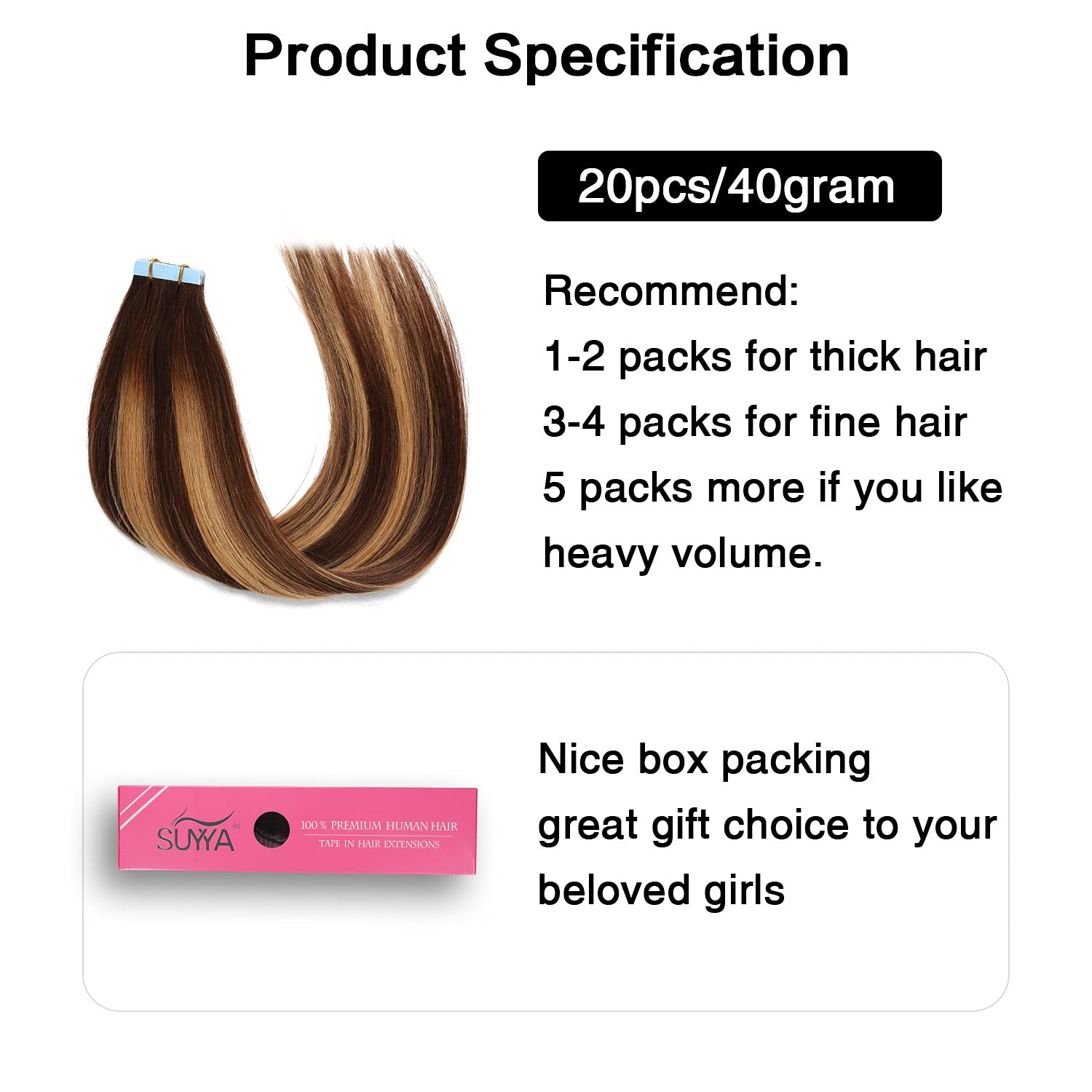 Suyya Tape In Hair Extensions Human Hair 50G/Pack 20Pcs Straight Seamless Skin Weft Tape In Real Hair Extensions Ombre Balayage