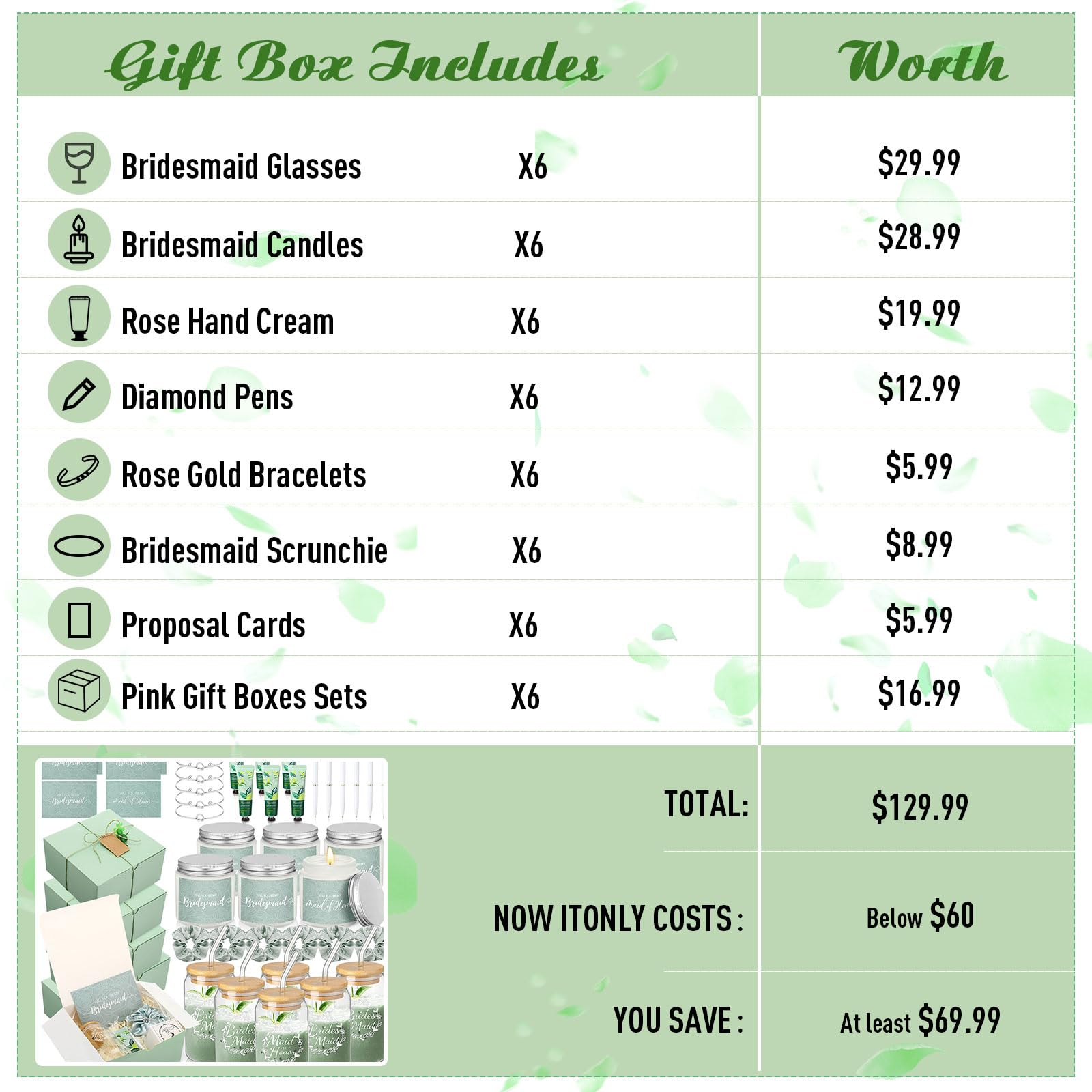 Teenyyou 60 Pcs Bridesmaid Proposal Gifts Bridesmaid Box Set, Maid of Honor Gifts Include Box Glass Cup Candle Cards Scrunchies