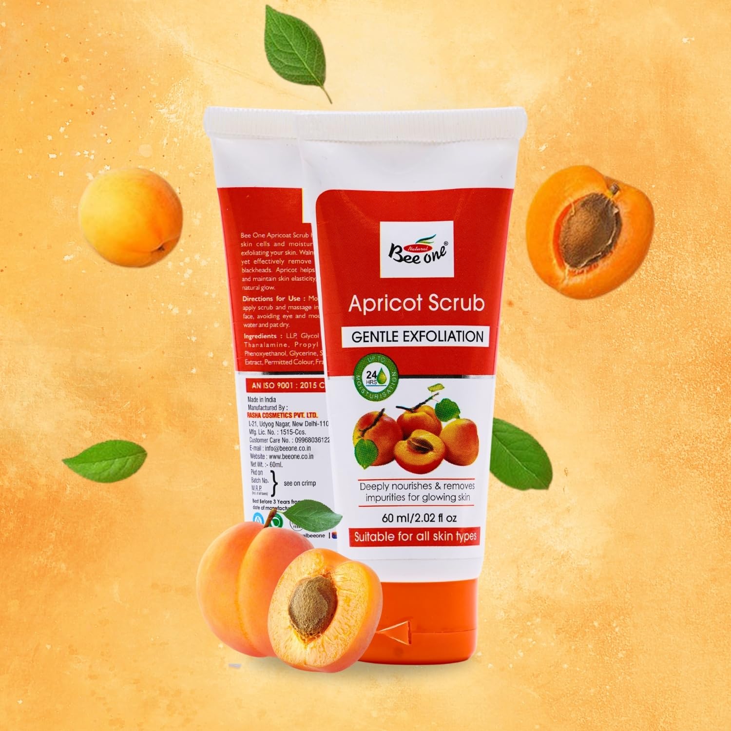 BEE ONE Apricot Scrub for Deep Cleansing Face - 2.02 Fl oz/60 ml (Pack of 4) Natural Exfoliating, Brightening and Nourishing Fac