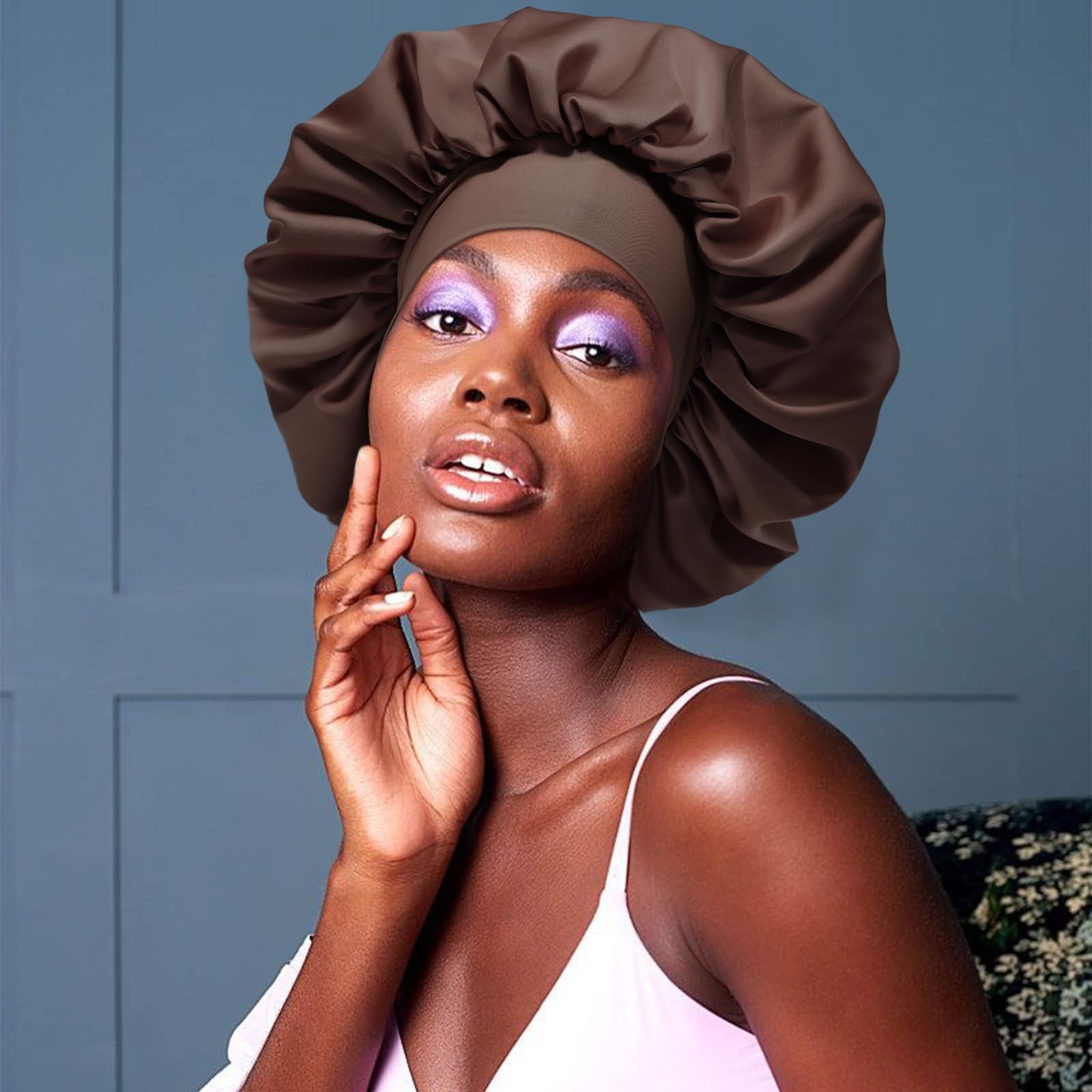 Awaytr Satin Bonnet For Women, 2-Layer Large Sleep Cap With Adjustable Drawstring, Brown Includes 3 Hair Scrunchies