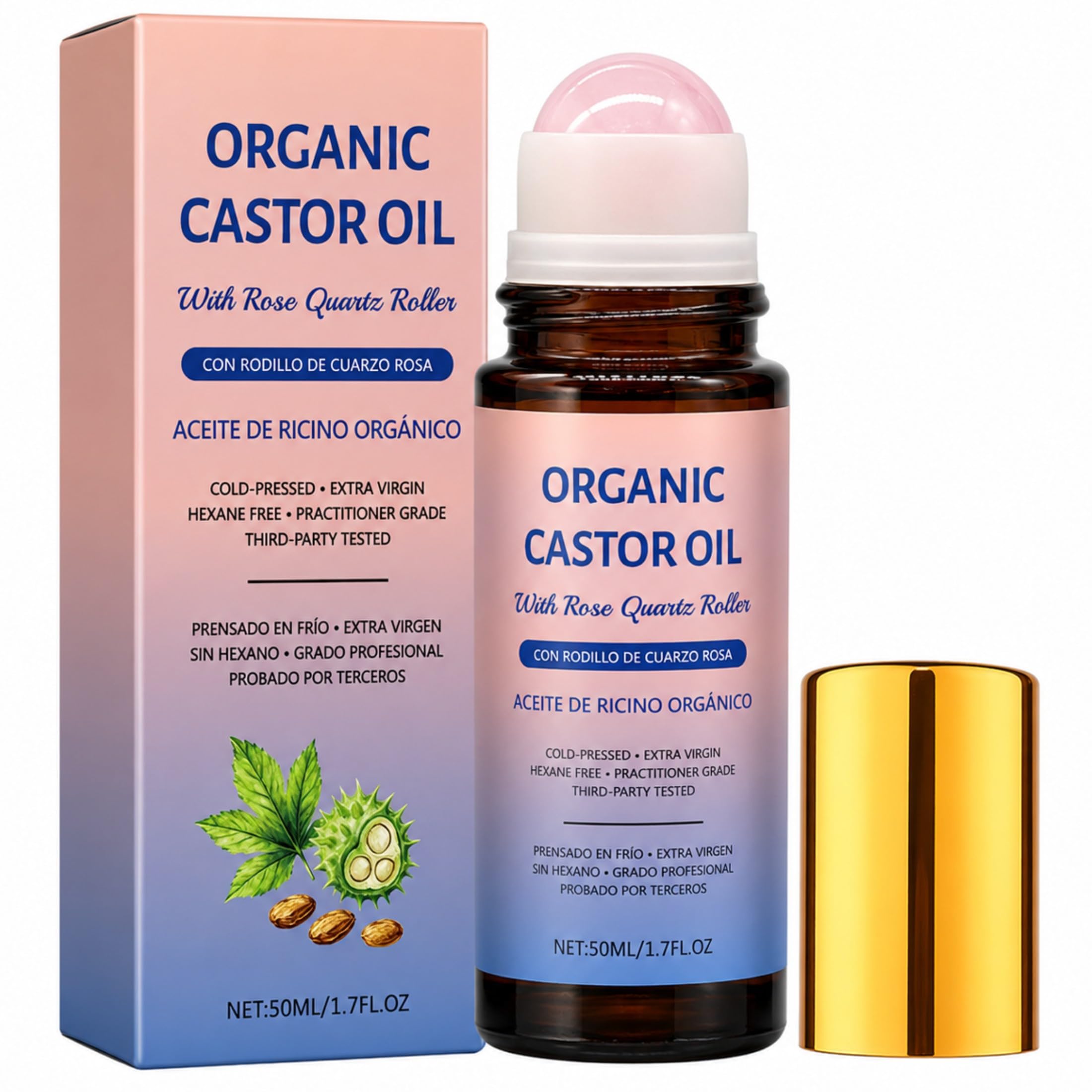 Organic Castor Oil Roll On, 100% Pure Castor Oil with Real Rose Quartz Roller Ball, Cold Pressed Castor Oil for Hair, Eyelashes,