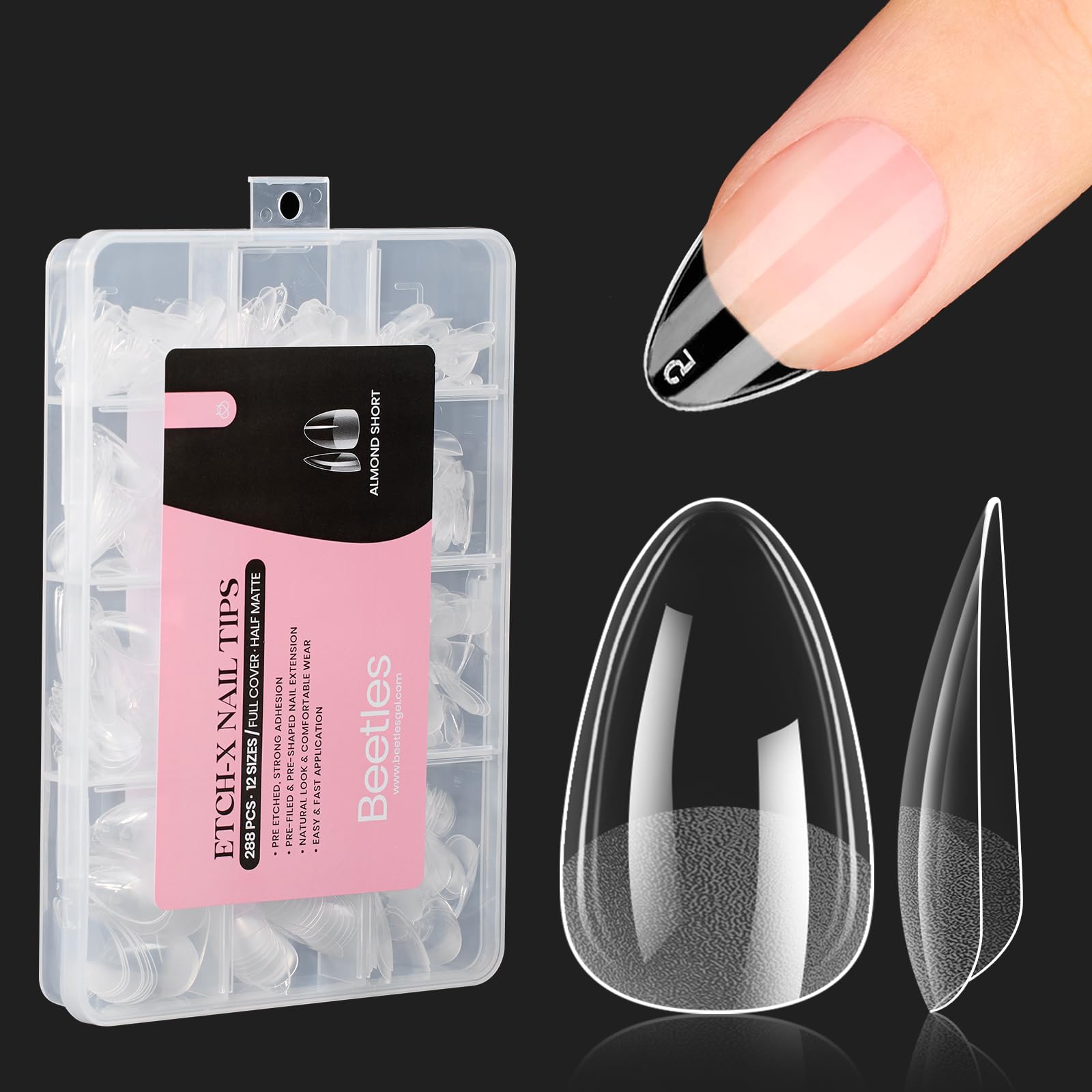 Beetles Short Almond Nail Tips: 12 Sizes 288 PCS Half Matte Full Cover Almond Gel Tips Clear Acrylic Beetles Gel X Nail Tips Alm
