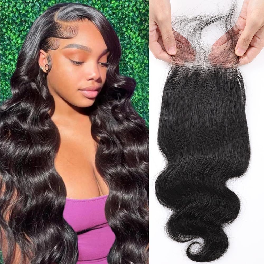 Qthair 12A Brazilian Body Wave Human Hair Lace Closure(20'' Free Part Natural Black) 100% Unprocessed Brazilian Body Wave Virgin