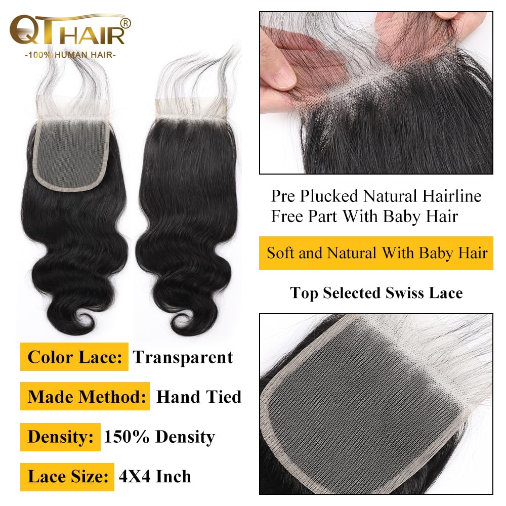 Qthair 12A Brazilian Body Wave Human Hair Lace Closure(20'' Free Part Natural Black) 100% Unprocessed Brazilian Body Wave Virgin
