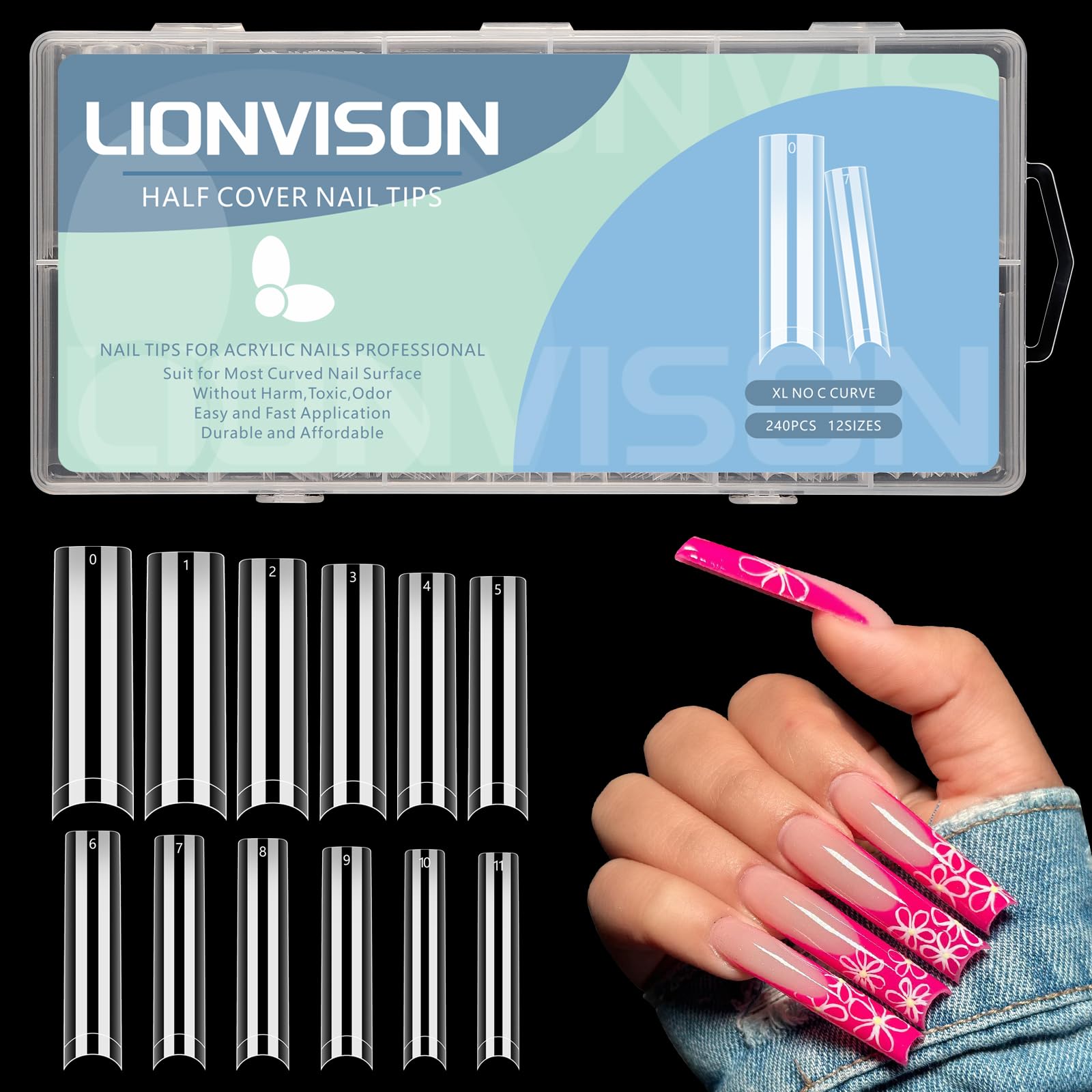 Lionvison No C Curve Square Nail Tips For Acrylic Nails Professional, Xxl 12 Sizes Tapered Square Nail Tips French Half Cover Ex