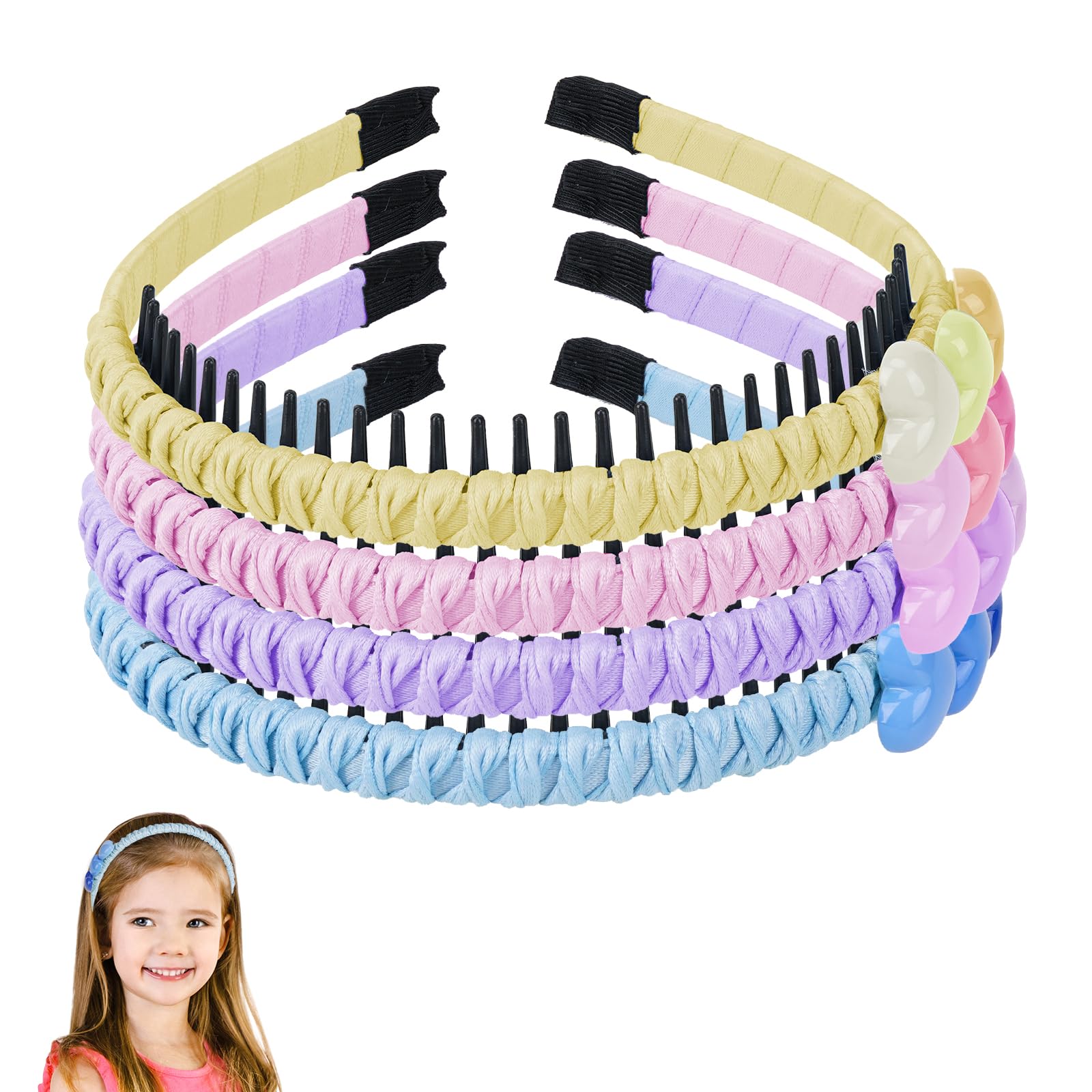 Adorila 4 Pack Kids Teeth Comb Headband, Non Slip Plastic Teeth Headbands, Colorful Heart Flower Headbands for Little Girls