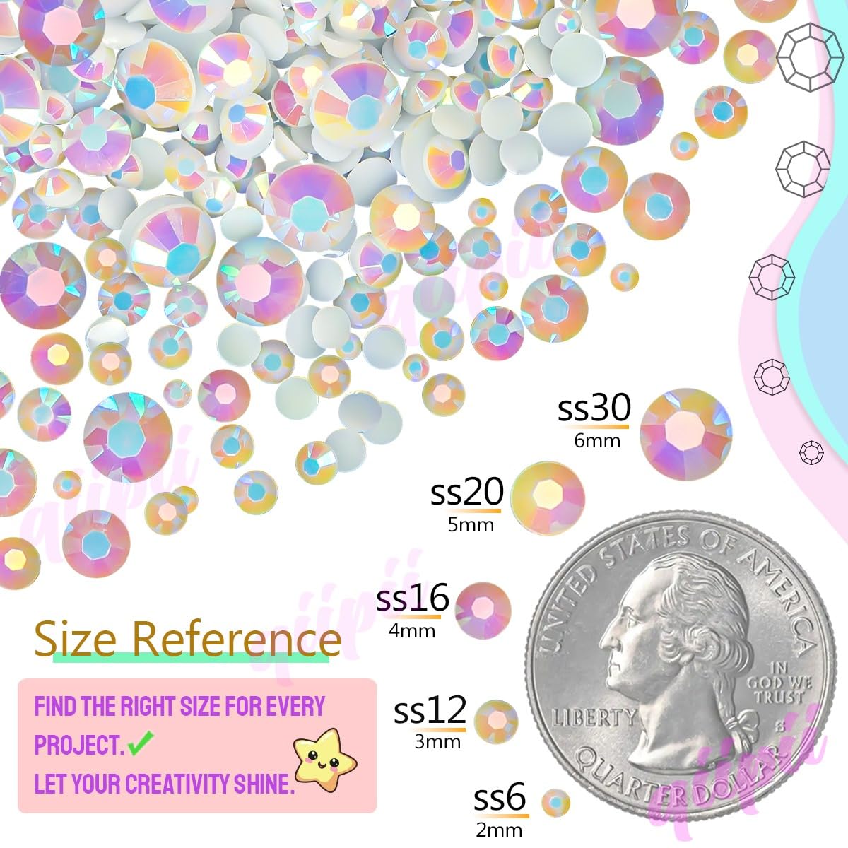 qiipii 18 Colors Crystal Resin Rhinestones 2mm 3mm Rainbow Colorful Flatback Stones Non-Hotfix Gems Diamonds Charms Supplies for