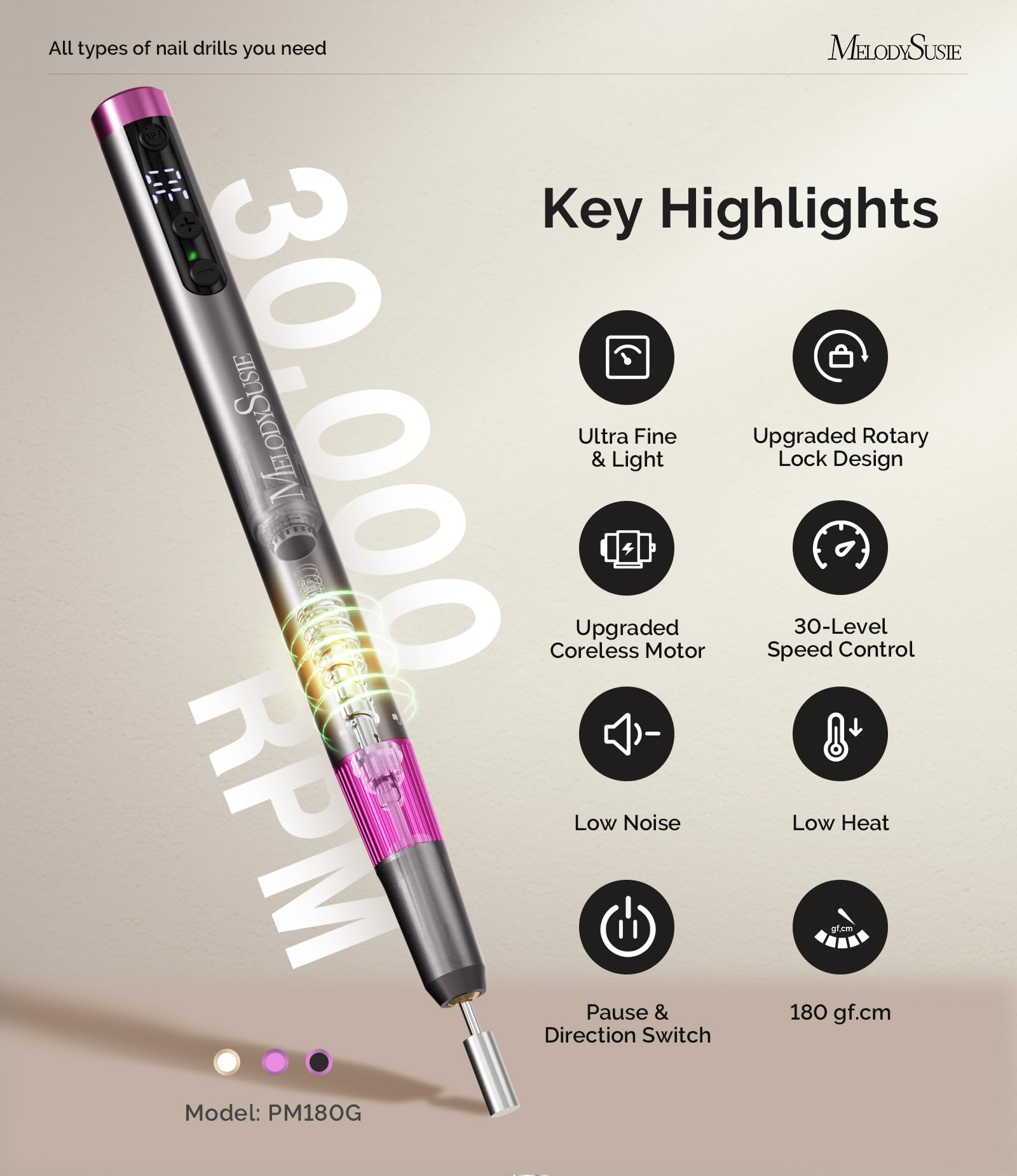 MelodySusie Pen-Shaped Ultra-Slim Cordless Nail Drill,PM180G 30000RPM Portable Rechargeable Electric File with Rotary Lock Desig
