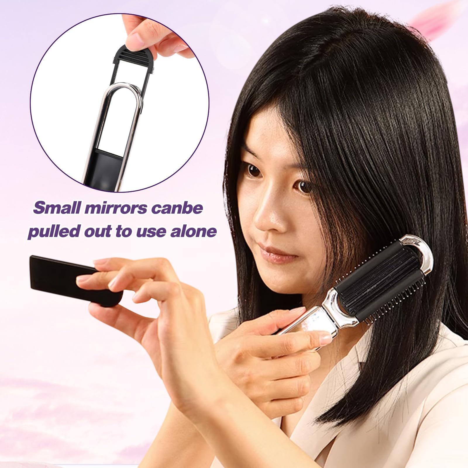 1 Pack Folding Compact Hair Brush With Mirror - Travel Pocket-Size Massage Comb For Hair Styling, Gym, Trips, And Purse (Removab