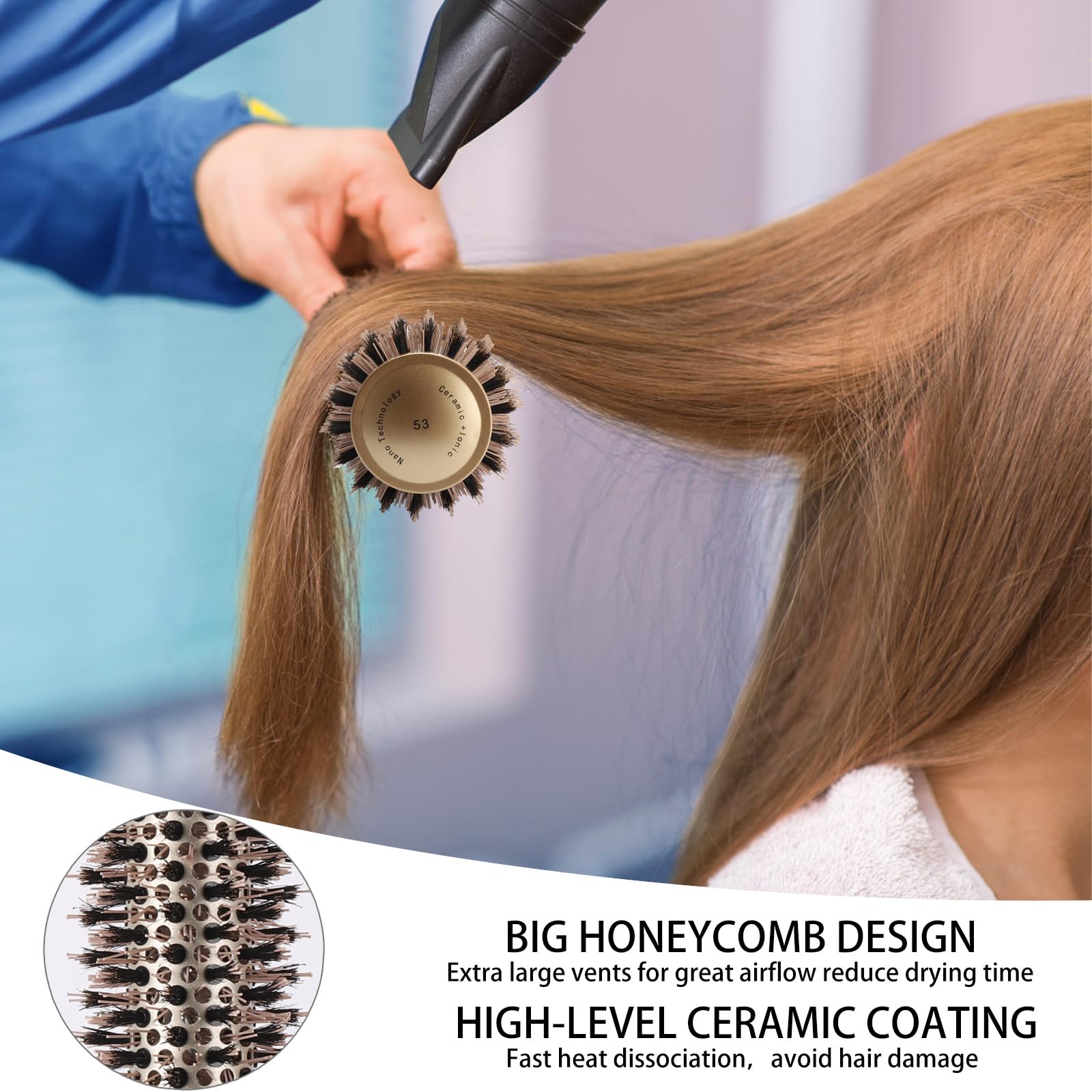 3 Pcs Boar Bristle Round Brush For Blow Drying, Nano Thermal Ceramic And Ionic Tech Hair Brush For Curling And Straightening - L