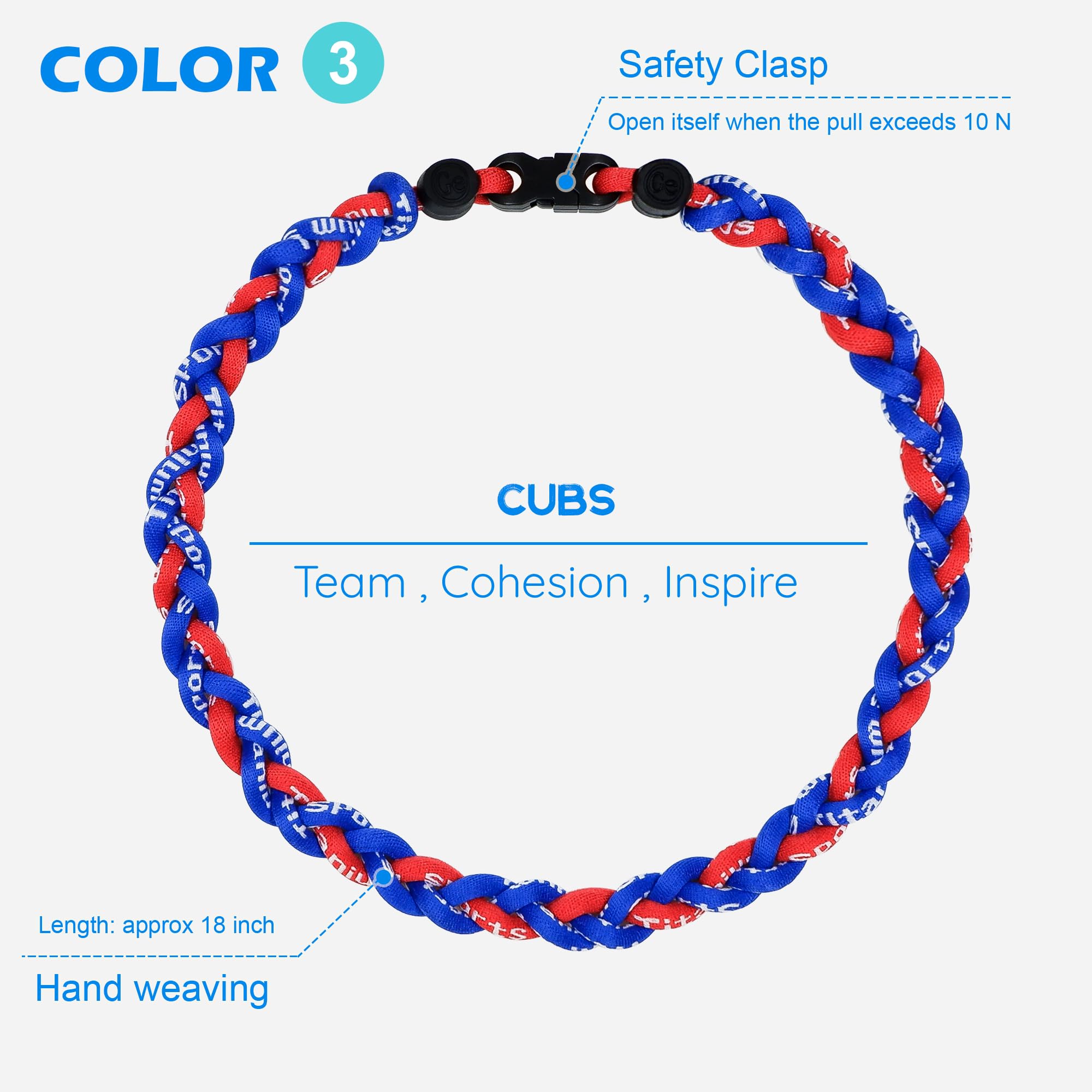 SUPBOMM 3 pcs Baseball Rope Necklaces, League Team Colors Braided Necklace, Baseball Team Gifts, Cubs