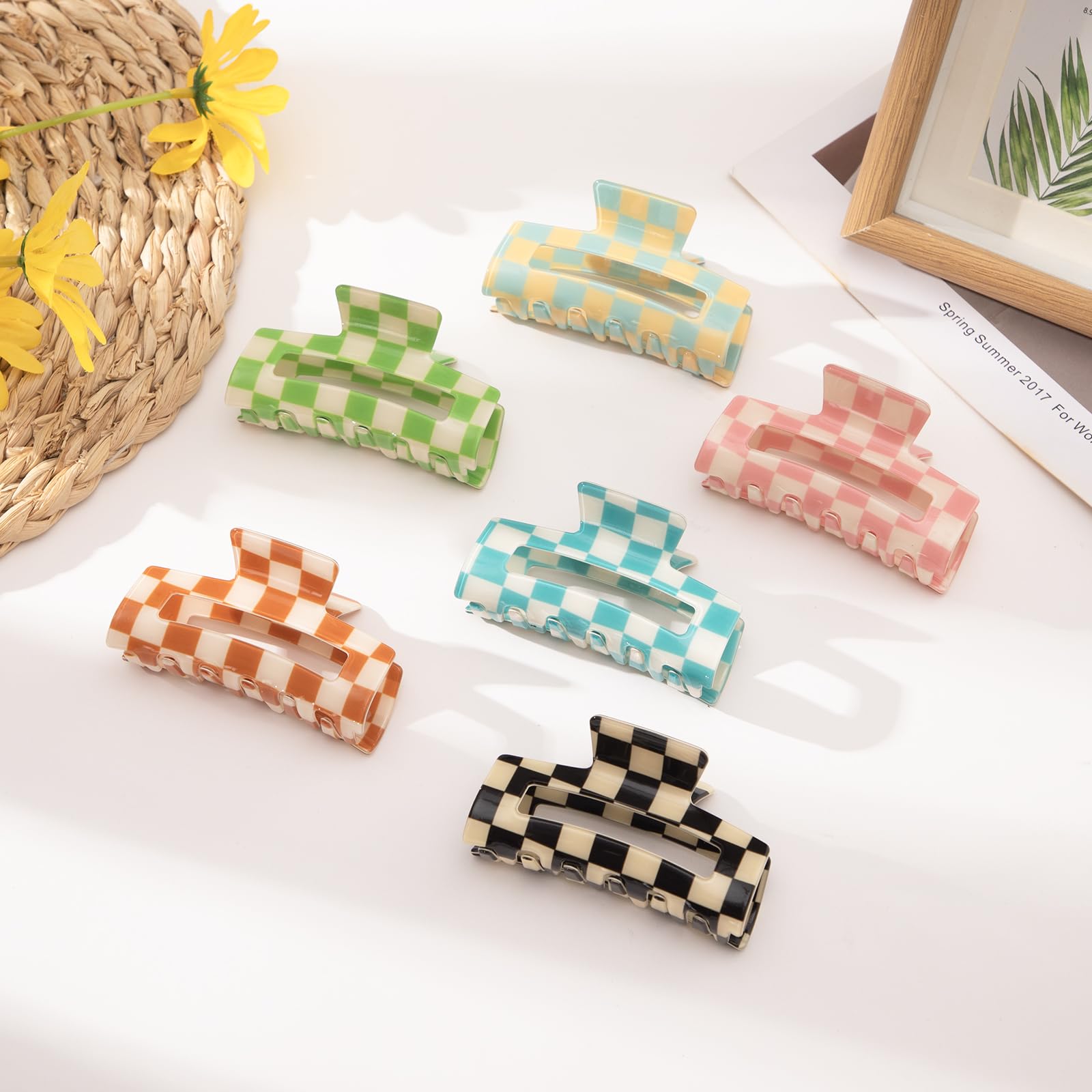 Paderison Claw Clips 6 Pcs Checkered Hair Claw for Women Clips Multicolored Rectangle Hair Clips Strong Hold Claw Clips Y2K Hair