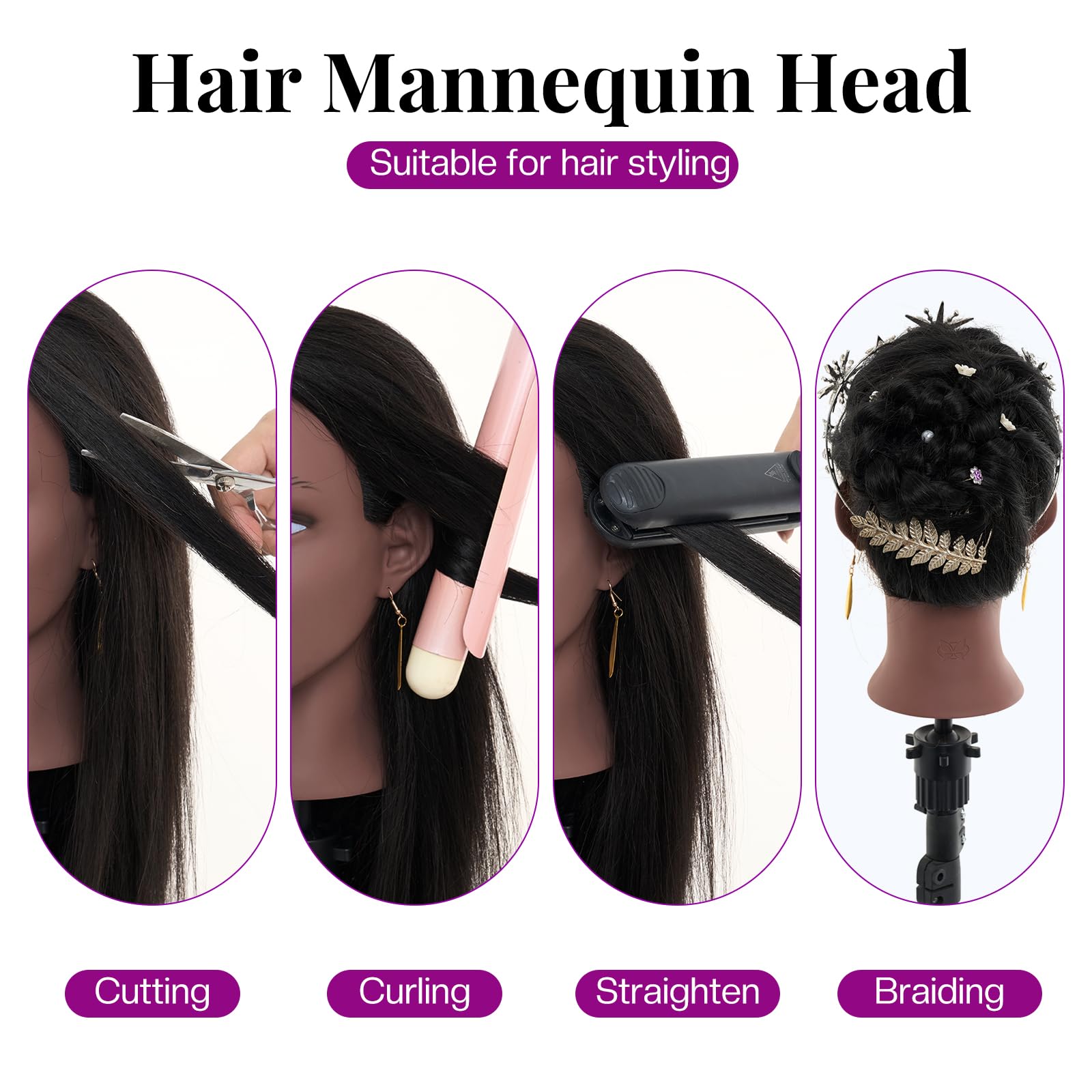 20'' Mannequin Head Human Hair,Real Hair Mannequin Head,Cosmetology Mannequin Doll Head For Practice Braiding Hairstyling With T