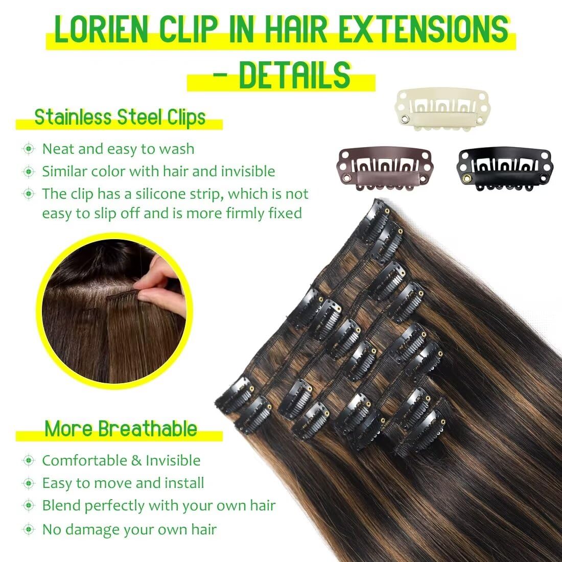 Lorien Clip In Hair Extensions Real Human Hair, 22 Inch 110G, 1B/6 Natural Black To Chestnut Brown, Clip In 100% Brazilian Remy