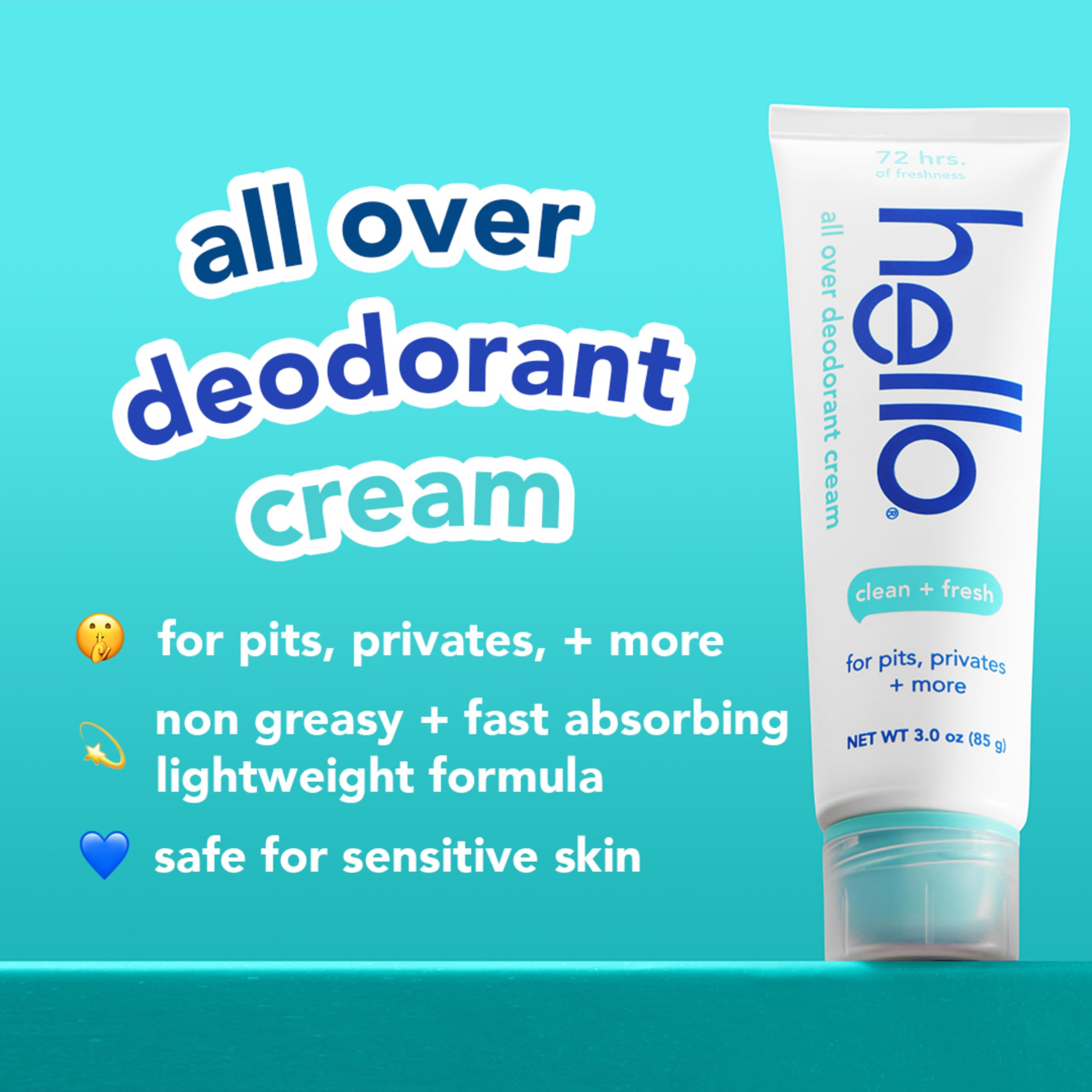 hello Clean & Fresh All Over Whole Body Deodorant Cream for Women and Men, Aluminum Free, Safe for Sensitive Skin, Pits, Private
