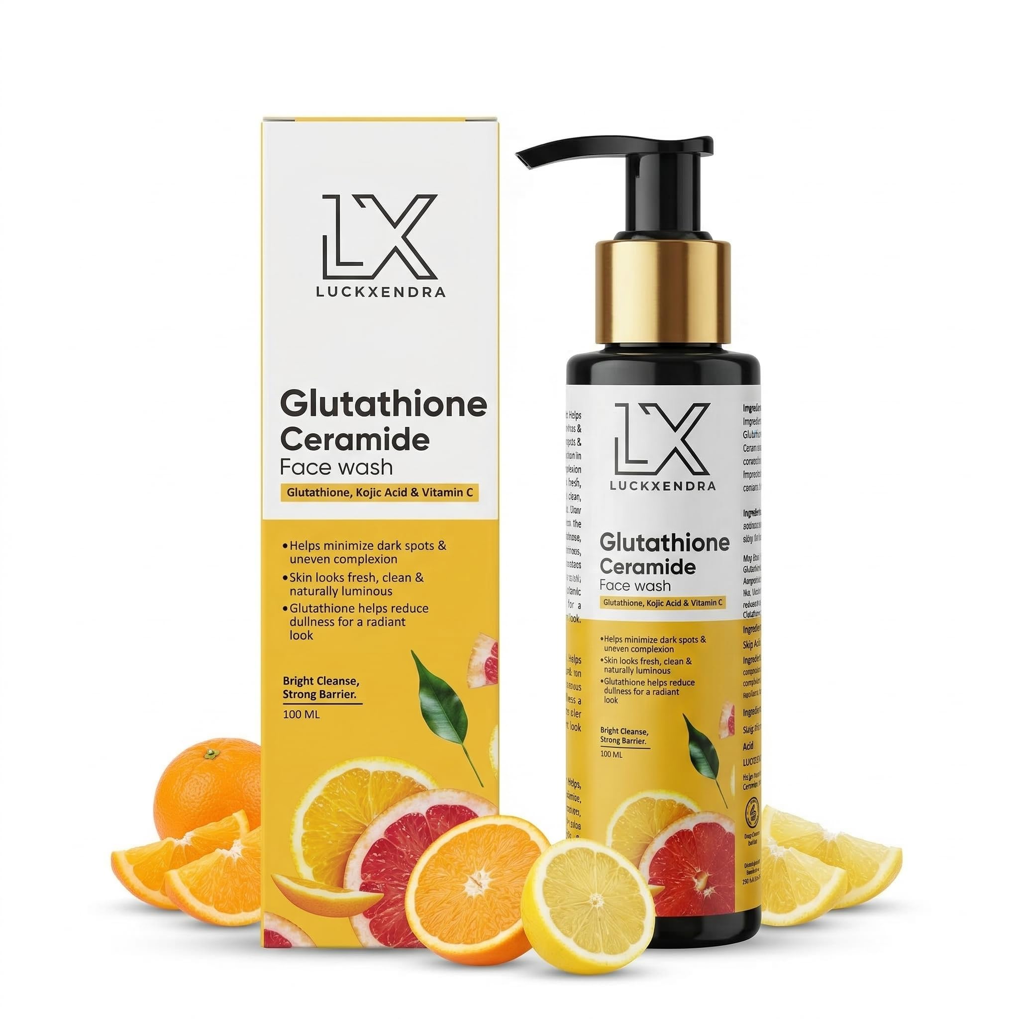 Luckxendra Glutathione Ceramide Gel Face Wash | Kojic Acid, Vitamin C & E | Brightening Cleanser | Reduces Dark Spots & Pigment 