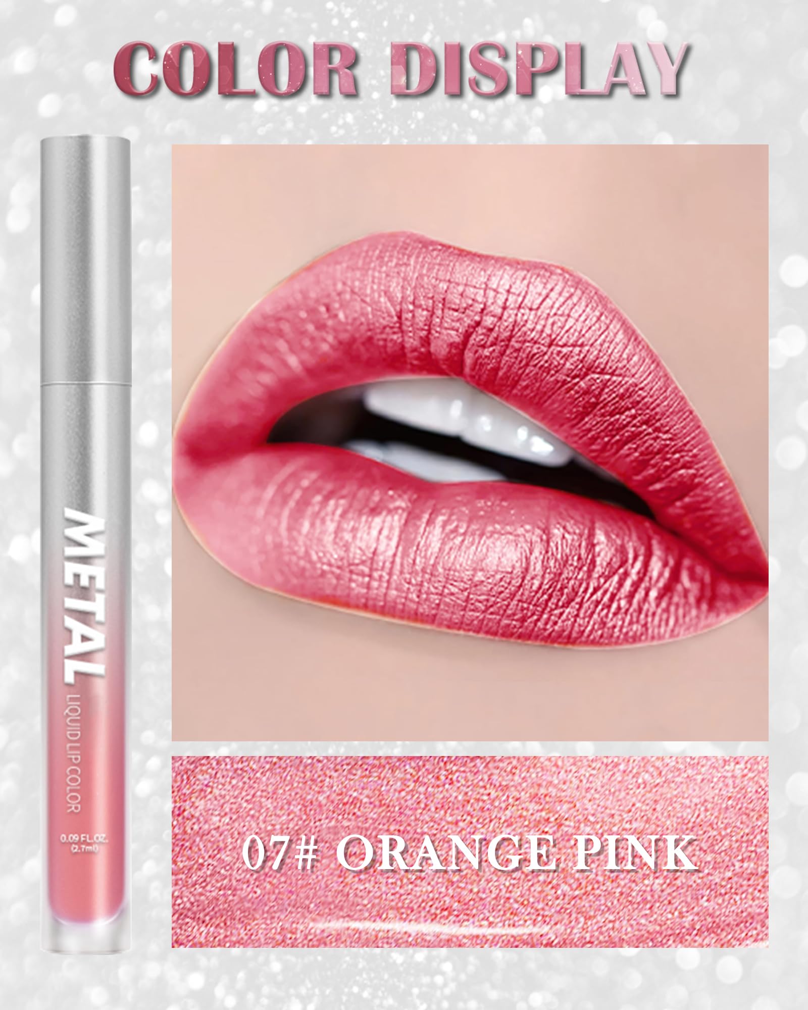 Diamond Shimmer Matte Lipstick, Pink Metallic Glitter Lip Gloss Liquid Lipstick, Longlasting High Pigment Waterproof Smudgeproof
