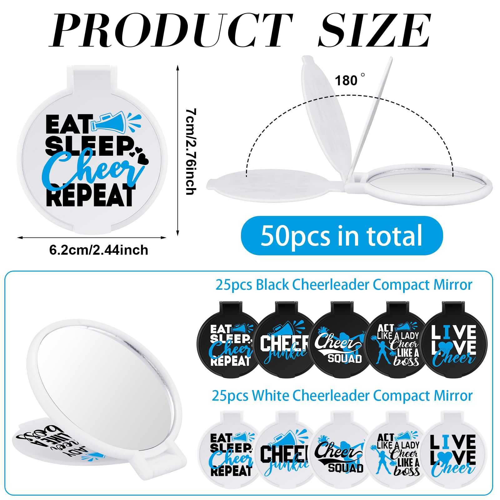 Wenqik 50 Pcs Cheerleader Mirror Gifts Cheerleading Compact Mirror Bulk Folding Pocket Mirror Cheer Party Favors For Team(Blue C
