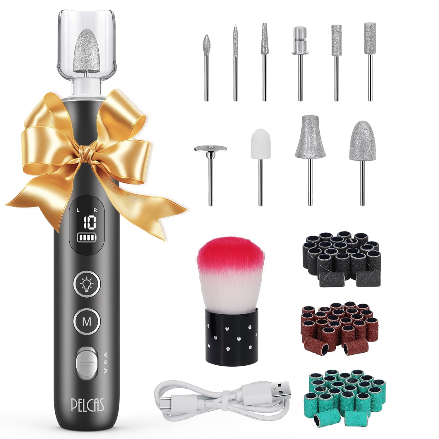 PELCAS Electric Nail Grinder, 10 Speeds Cordless Nail Drill with LED Light, Portable Manicure and Pedicure Kit, Nail File with L