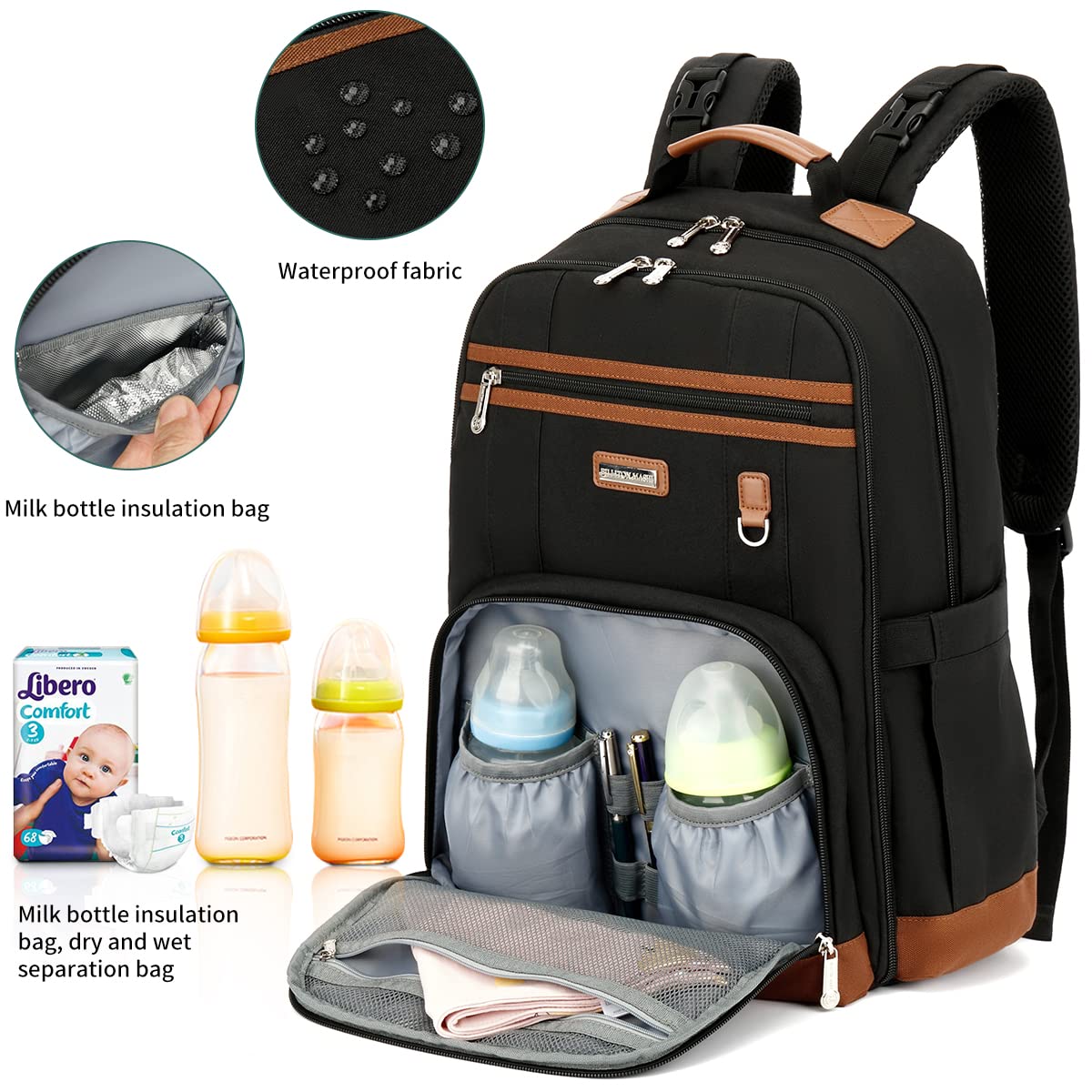 BILLITON MASHI Baby Diaper Bag Backpack for Mom, Travel Baby Bags for Boys girls with Insulated Pocket Stroller Straps, Large ca